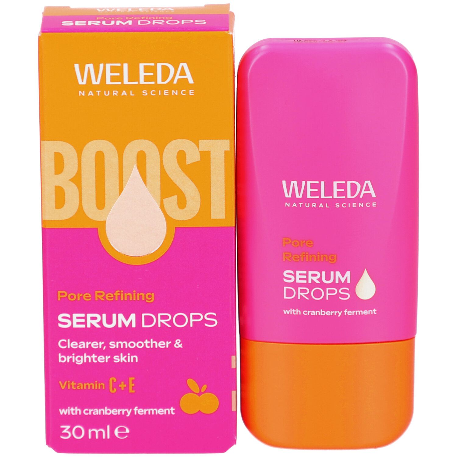 Produktverpackung und Flasche. Verpackung: WELEDA, BOOST, SERUM DROPS. Text: Pore Refining, Vitamin C+E, 30 ml.
