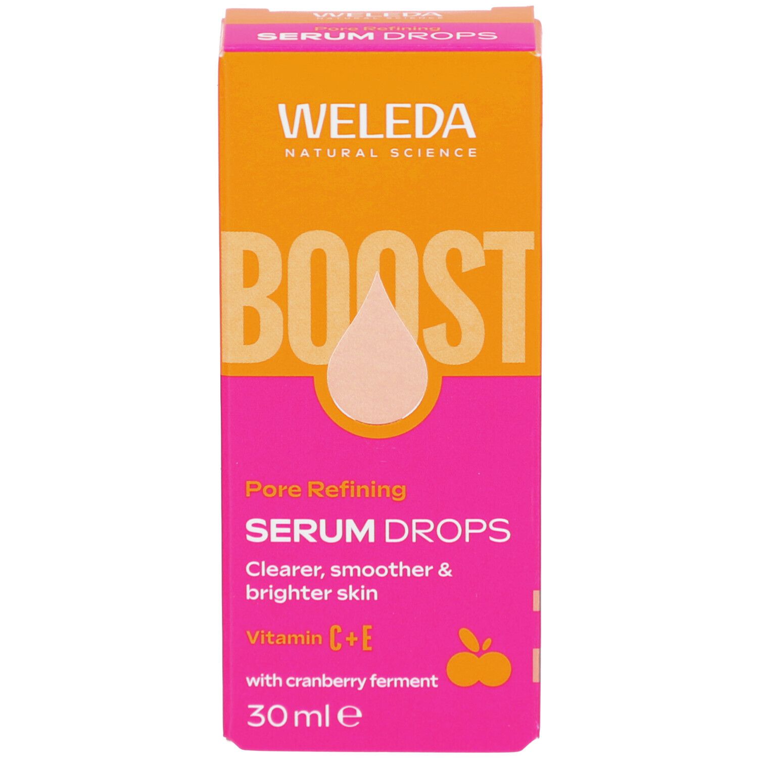 Produktverpackung. WELEDA, BOOST, SERUM DROPS. Text: Pore Refining, Vitamin C+E, mit Cranberry-Ferment, 30 ml.
