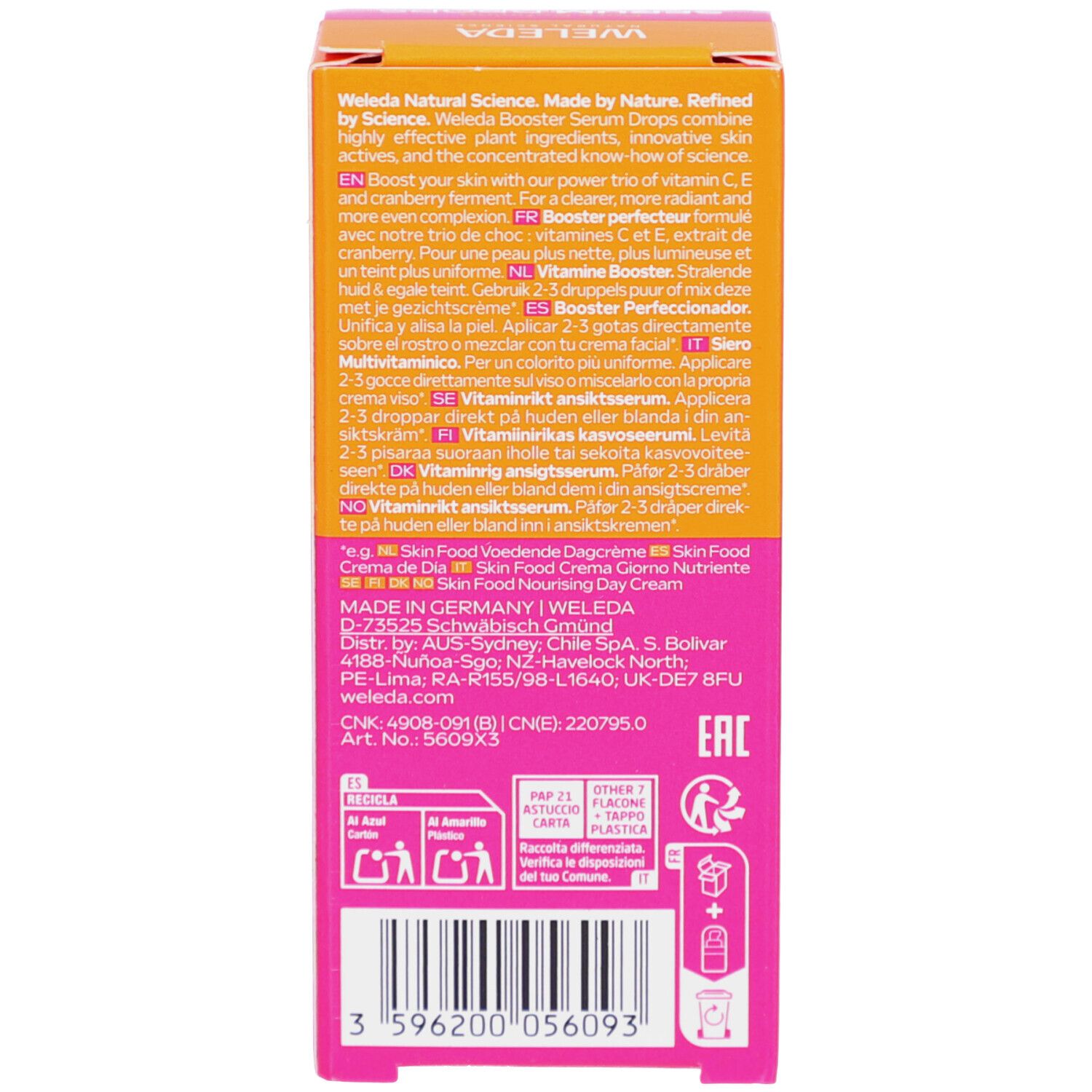 Verpackung. Text: Weleda Natural Science. Made by Nature. Informationen zum Produkt. Hergestellt in Deutschland. Logos.