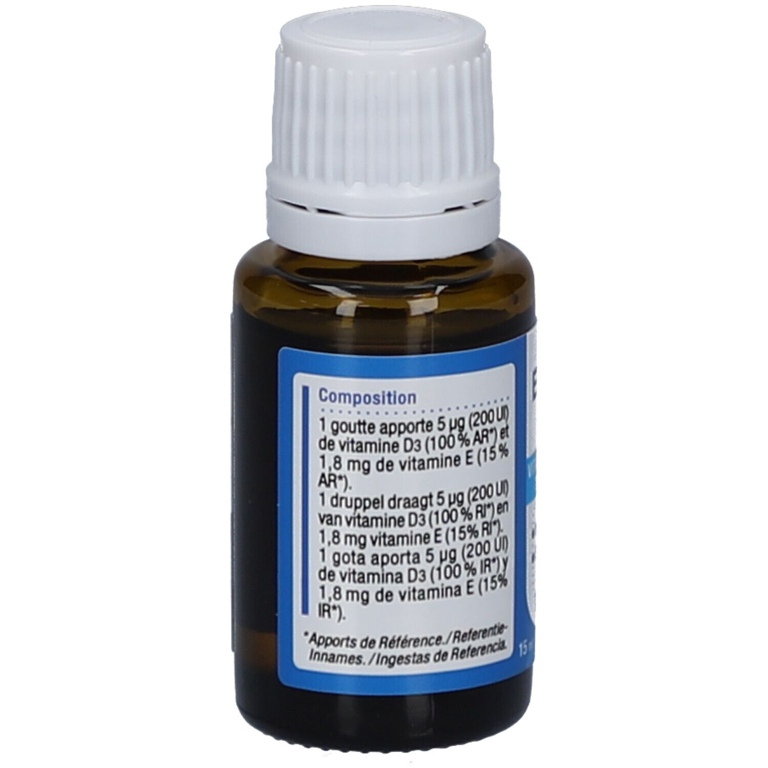 Dos du flacon en verre brun. Étiquette avec ingrédients et informations de référence. 15 ml.