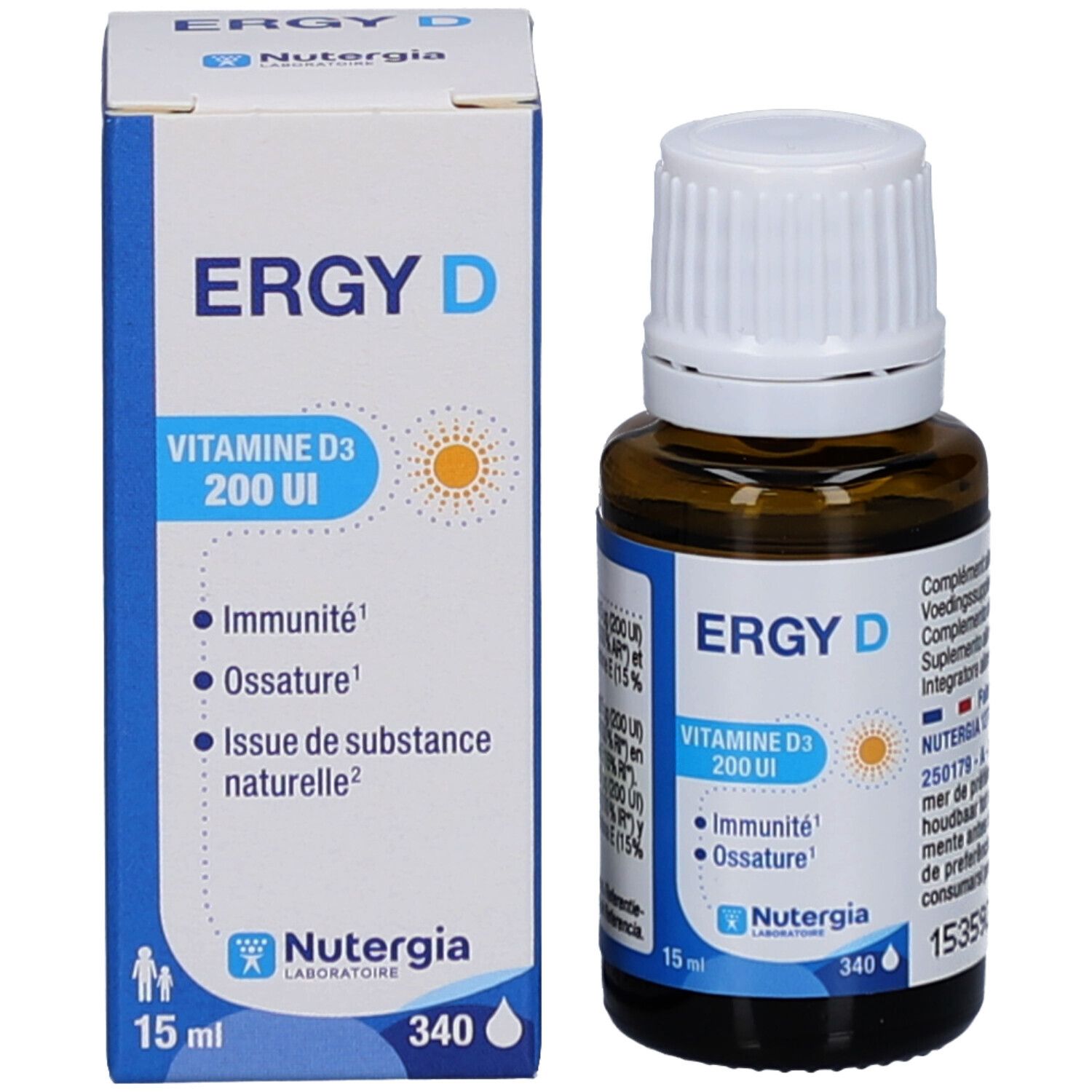 Produit Ergy D, flacon et boîte. Flacon avec bouchon blanc, étiquette. Boîte avec logo et nom du produit.