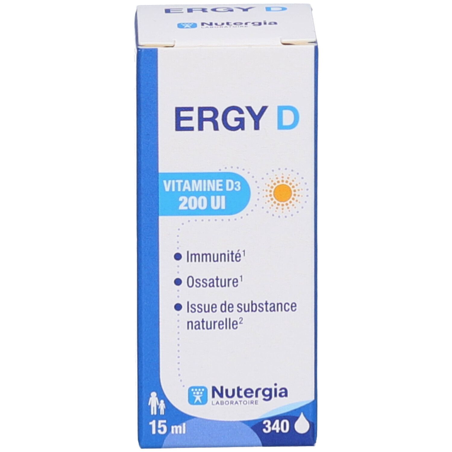 Produit Ergy D, boîte. Boîte avec logo, nom du produit, vitamine D3 et autres informations.