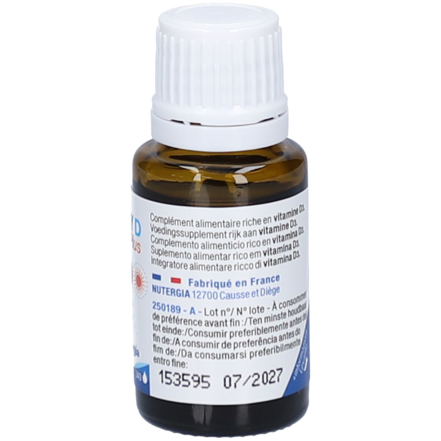 Rückseite der braunen Glasflasche. Aufkleber mit Informationen, darunter Mindesthaltbarkeitsdatum.