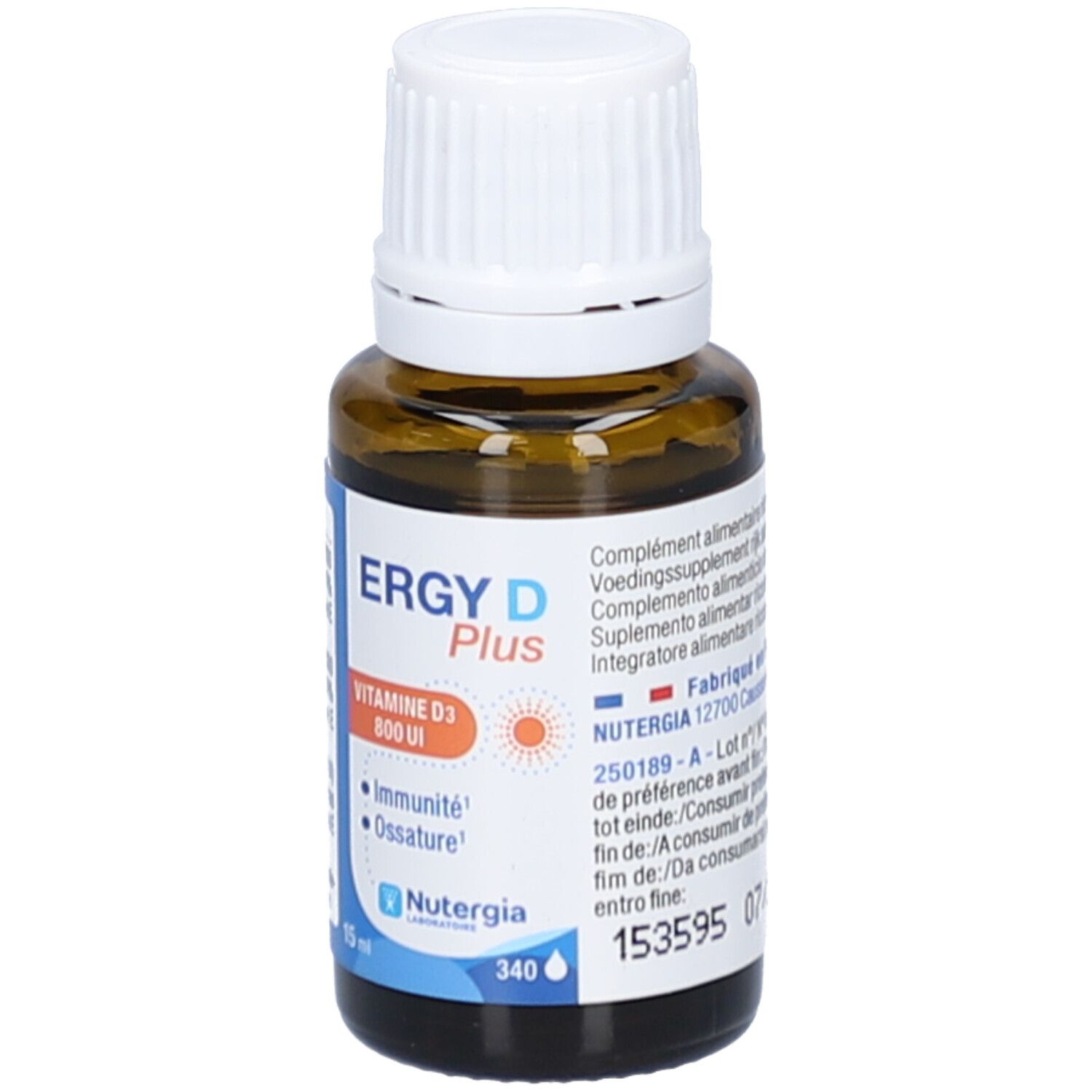 Braune Glasflasche mit weißem Deckel. Aufkleber mit Produktbezeichnung, Vitamin D3 und Marke Nutergia.