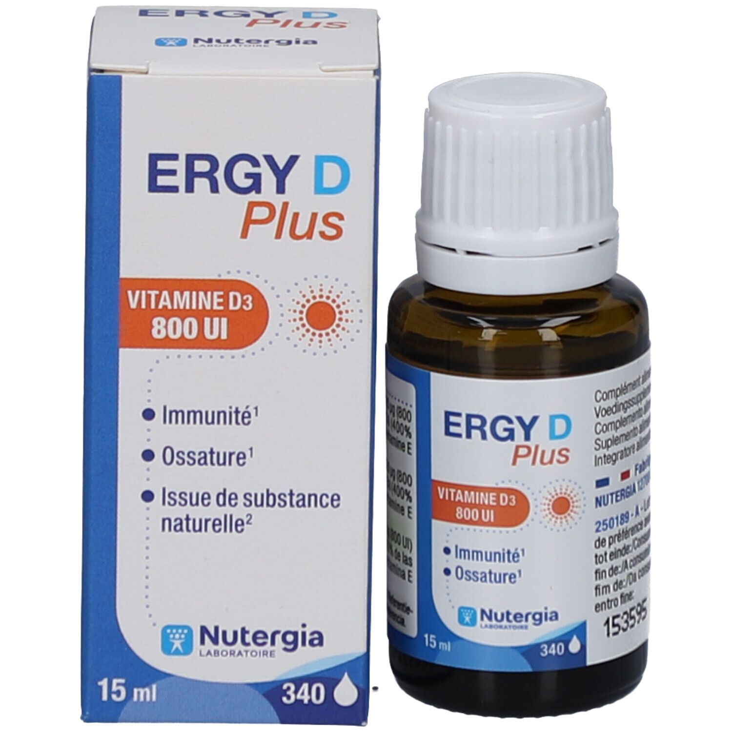 Produktflasche und Schachtel. Auf der Flasche: Produktname, Vitamin D3 und Marke Nutergia. Auf der Schachtel: gleiche Angaben.
