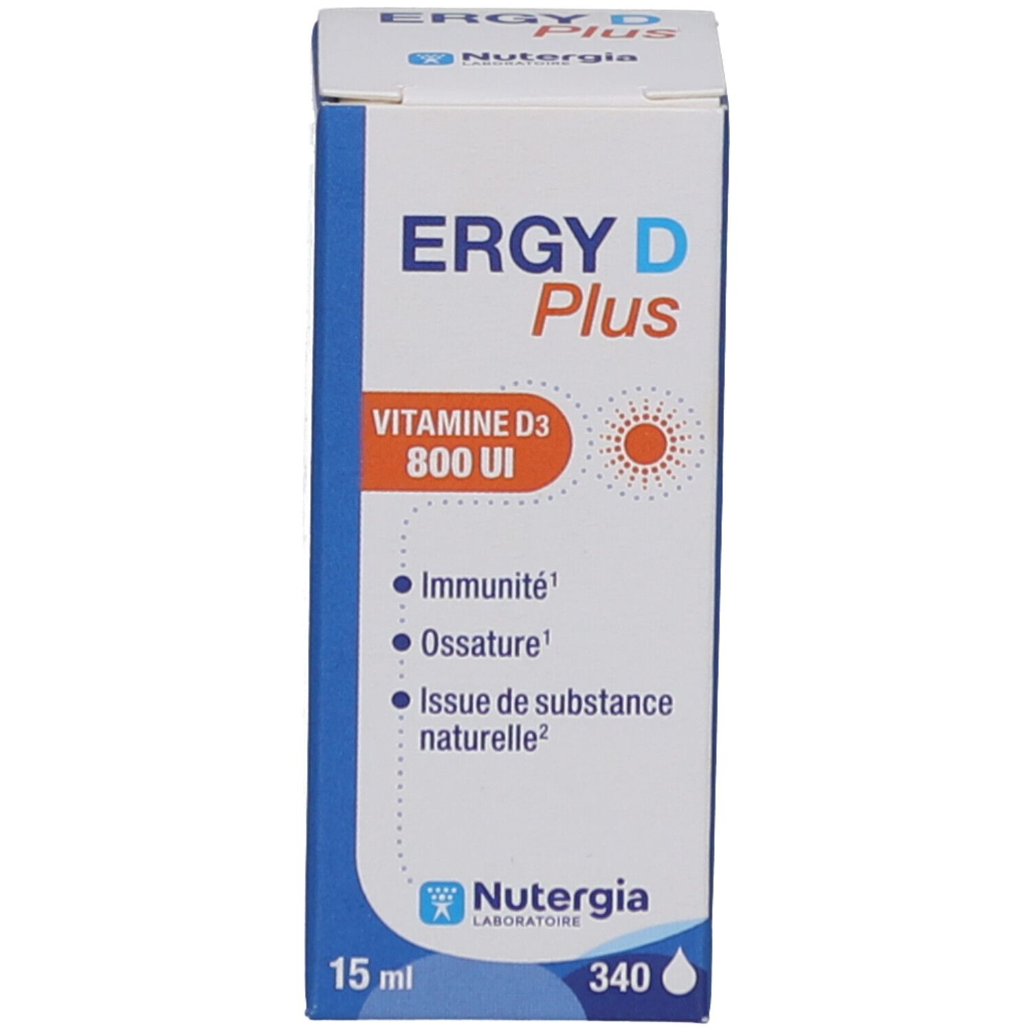 Produktverpackung. Auf der Schachtel: Produktname, Vitamin D3, Marke Nutergia und weitere Informationen.