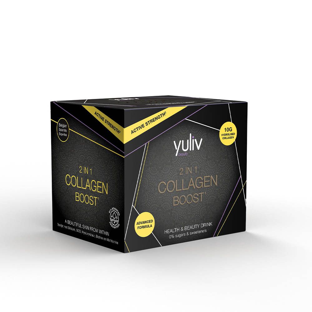 Yuliv 2-en-1 Collagen Boost. Boîte noire avec accents jaunes. Texte: 2 en 1 Collagen Boost, 10g collagène hydrolysé.