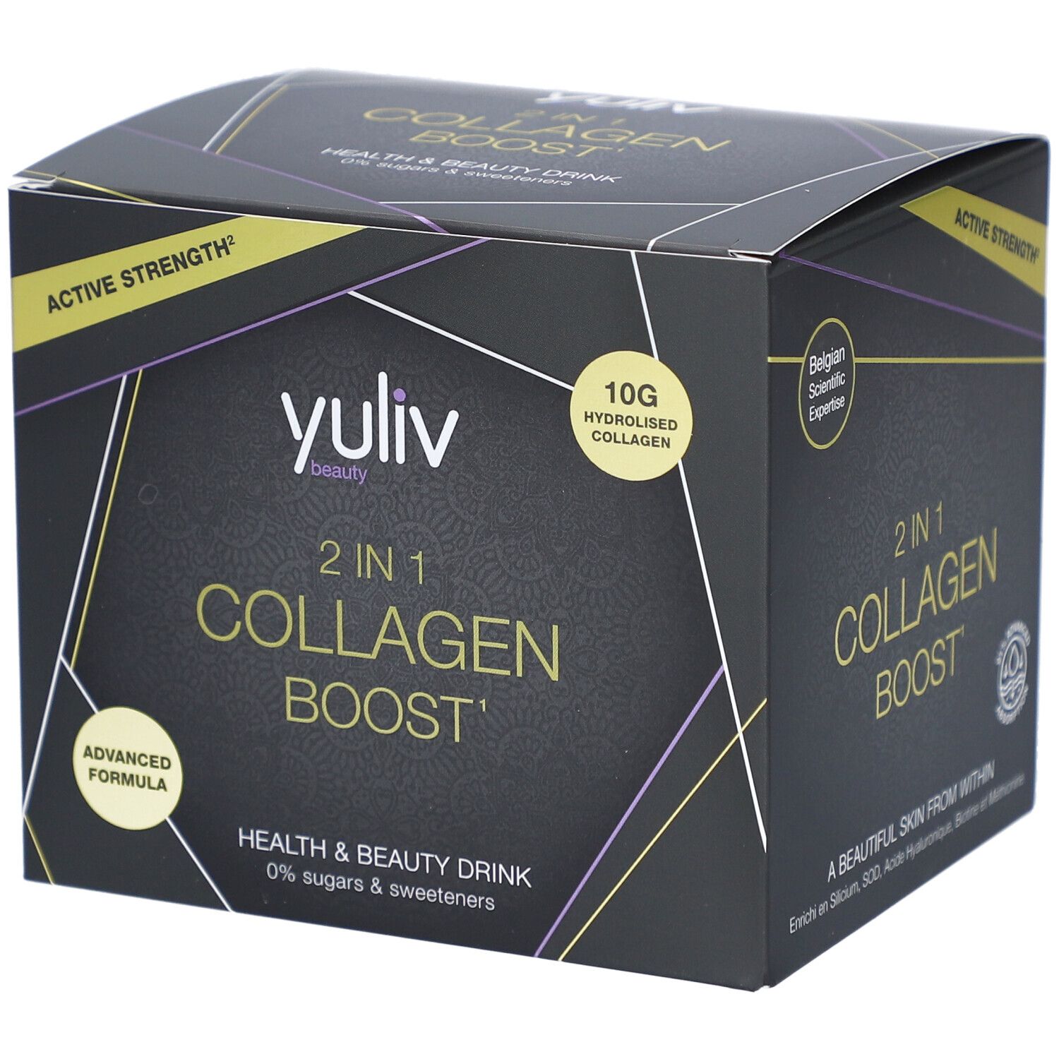Yuliv 2-in-1 Collagen Boost. Schwarze Schachtel mit gelben Akzenten. Text: 2 in 1 Collagen Boost, 10g hydrolysiertes Kollagen.