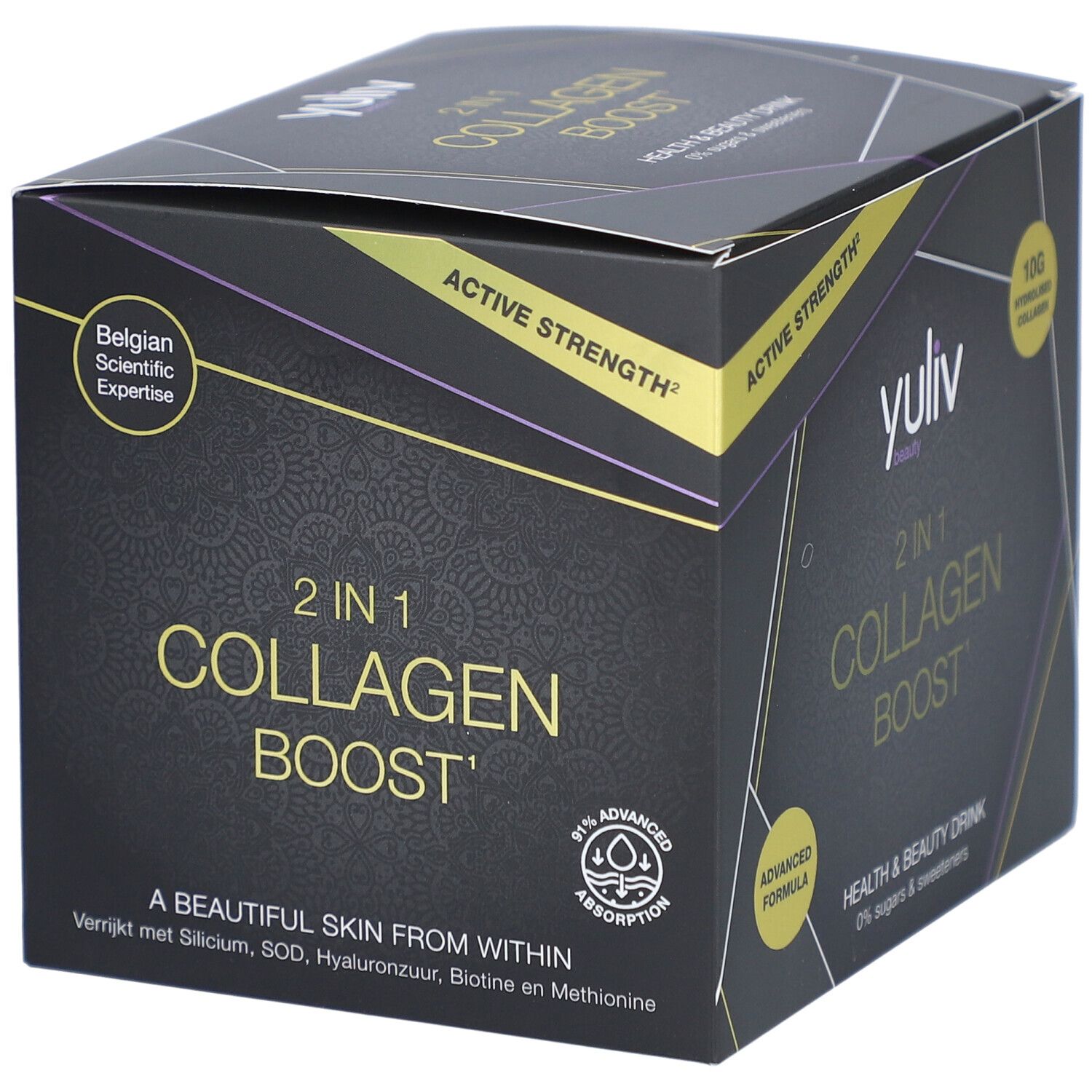 Yuliv 2-in-1 Collagen Boost. Schwarze Schachtel mit gelben Akzenten. Text: 2 in 1 Collagen Boost, 91% Absorption.