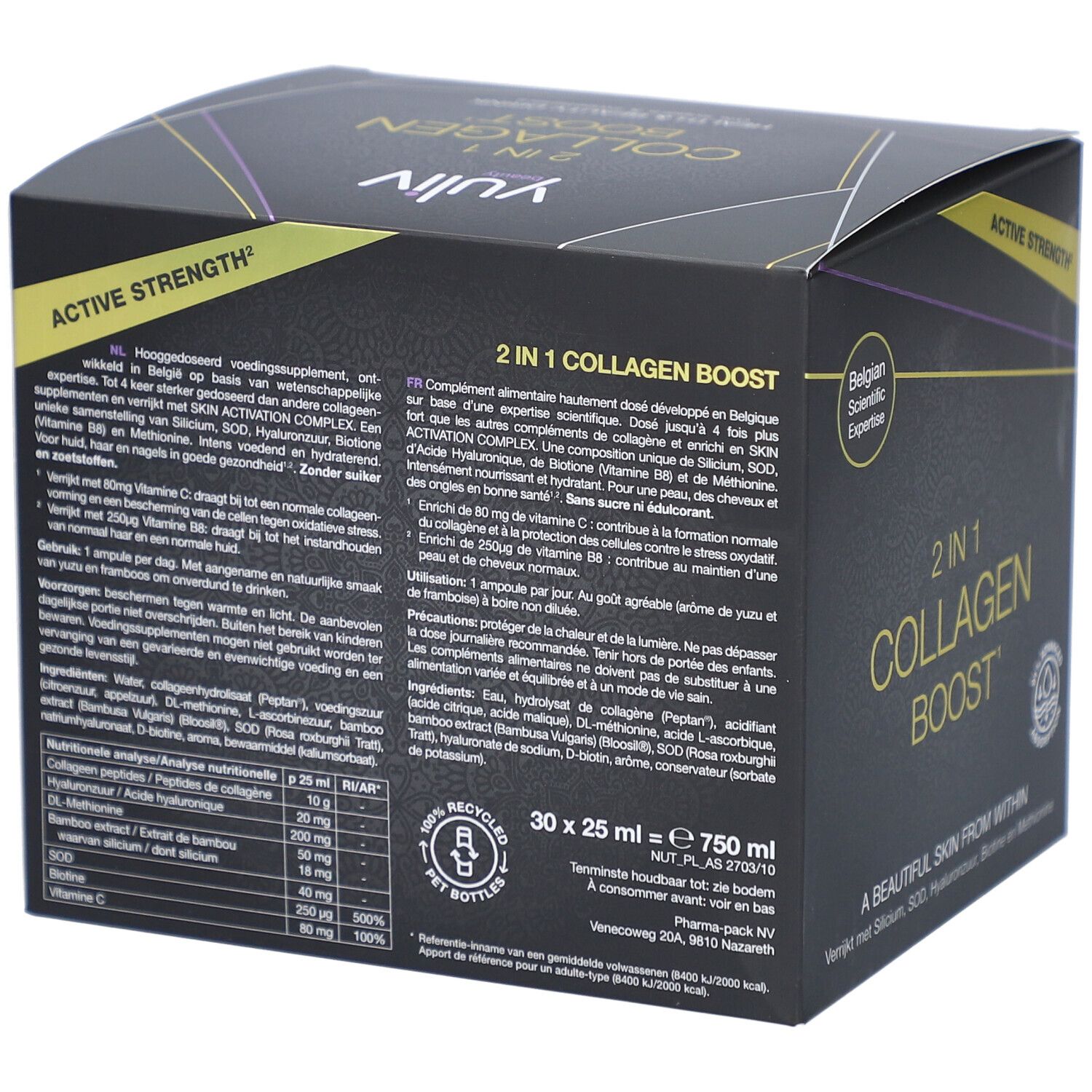 Yuliv 2-in-1 Collagen Boost. Schwarze Schachtel mit Text. Text: 2 in 1 Collagen Boost, 30 x 25 ml = 750 ml.