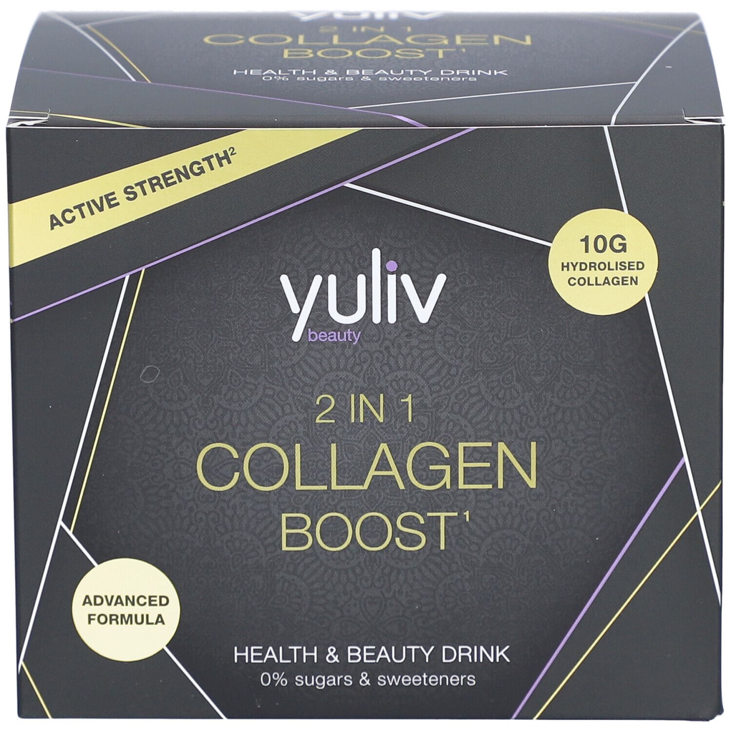 Yuliv 2-in-1 Collagen Boost. Schwarze Schachtel mit gelben Akzenten. Text: 2 in 1 Collagen Boost, 10g hydrolysiertes Kollagen.