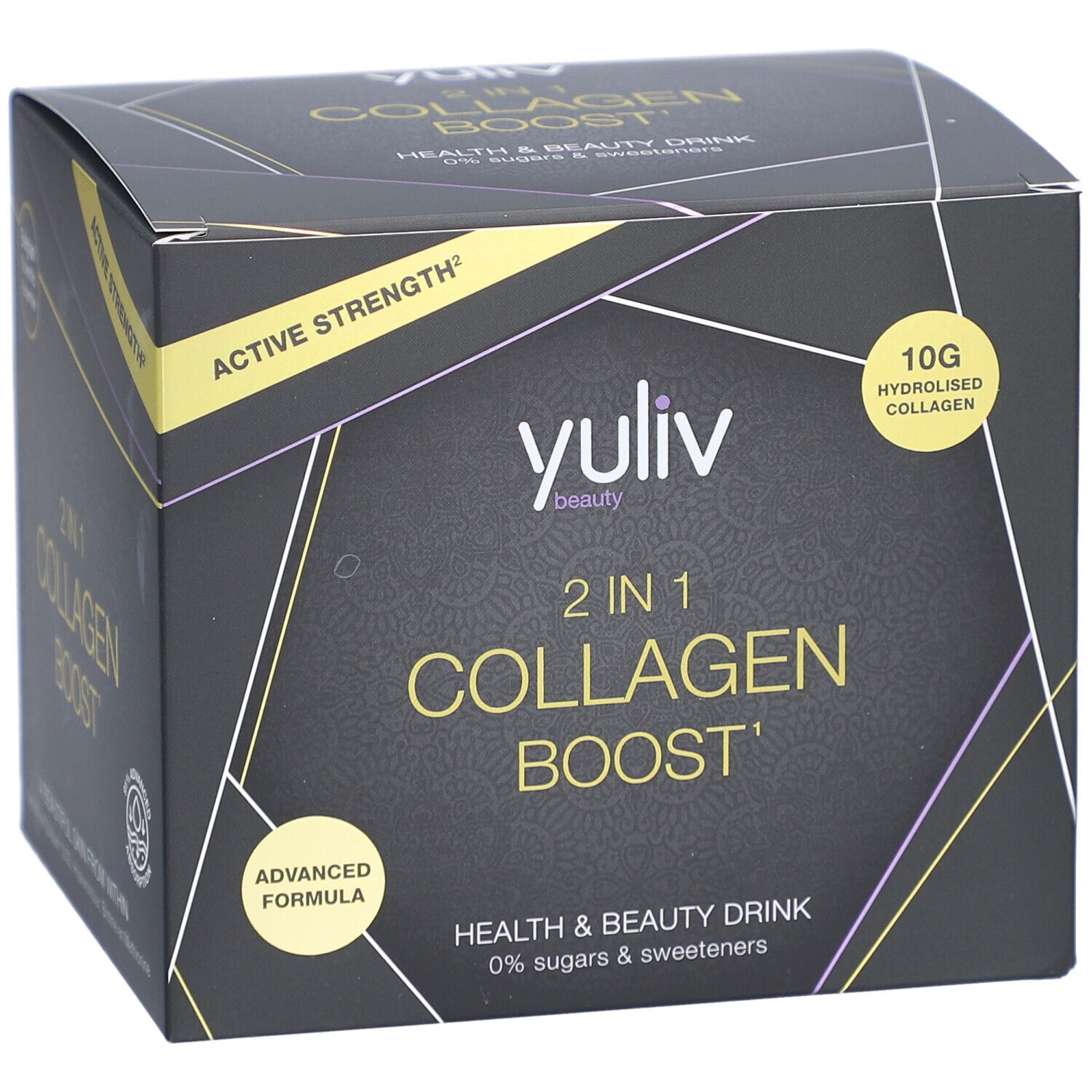 Yuliv 2-in-1 Collagen Boost. Schwarze Schachtel mit gelben Akzenten. Text: 2 in 1 Collagen Boost, 10g hydrolysiertes Kollagen.