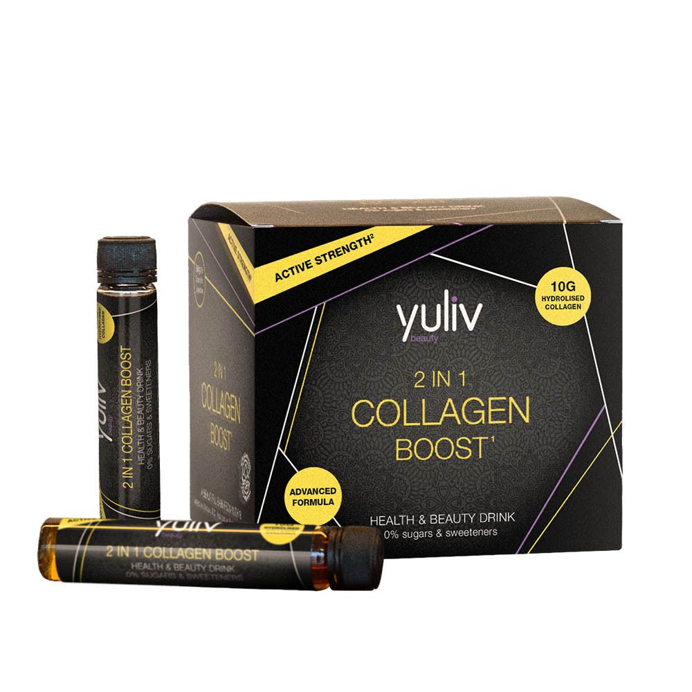 Yuliv 2-en-1 Collagen Boost. Produit et flacons. Texte: 2 en 1 Collagen Boost, 10g collagène hydrolysé.