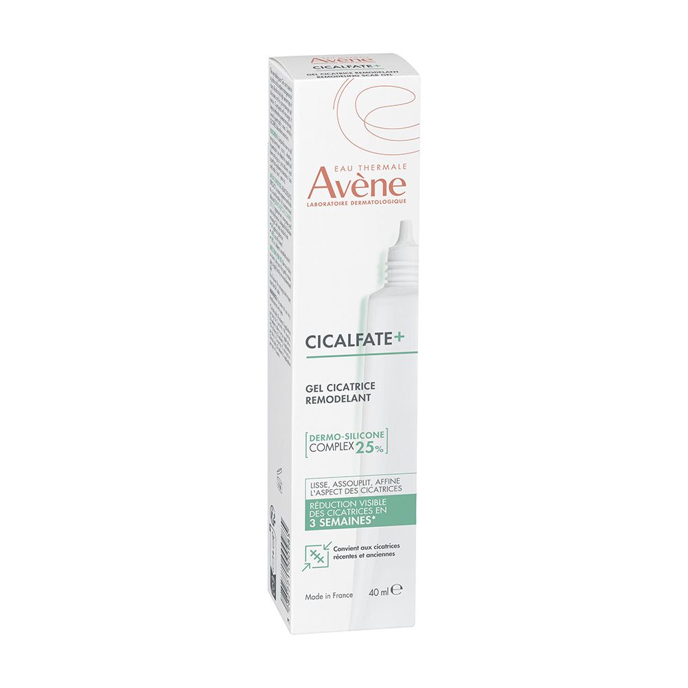 Avène Cicalfate+ Narben-Gel in Verpackung. Weiß-grüne Tube mit Produktnamen und Logo. 40ml.