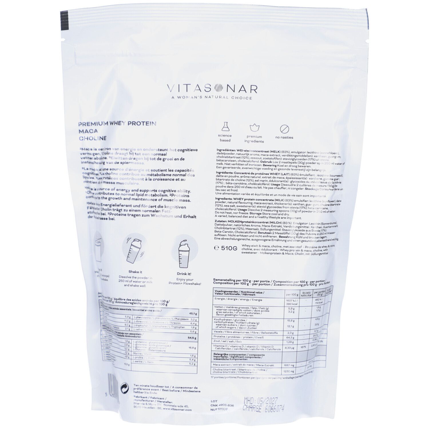 Rückseite der Vitasonar Flow Shake Protein+ Verpackung. Text und Nährwertangaben. Zutatenliste. Logo: Vitasonar. Inhalt: 510g.