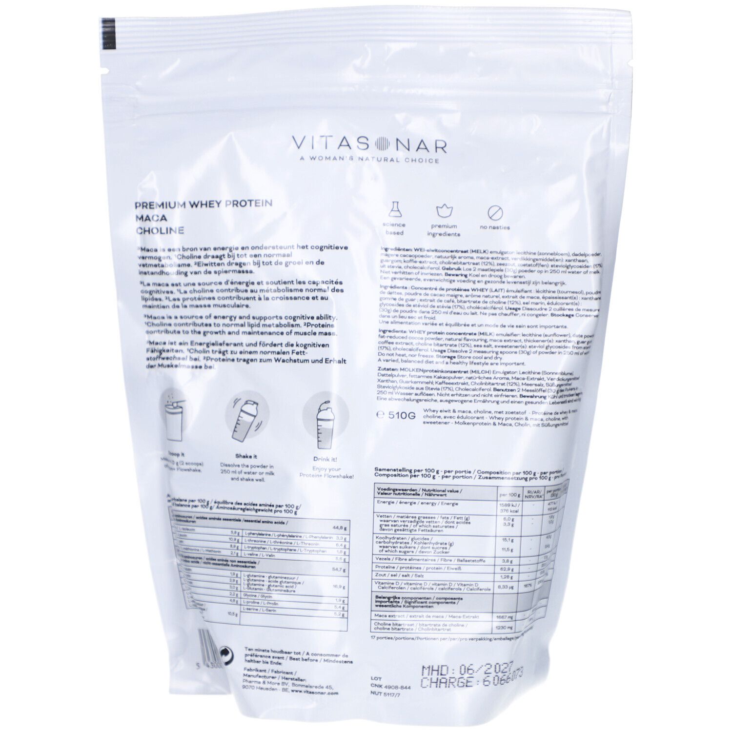 Rückseite des Vitasonar Flow Shake Protein+ Beutels. Text: Premium+ Whey Protein, Maca, Choline. Nährwertangaben und Produktinformationen.