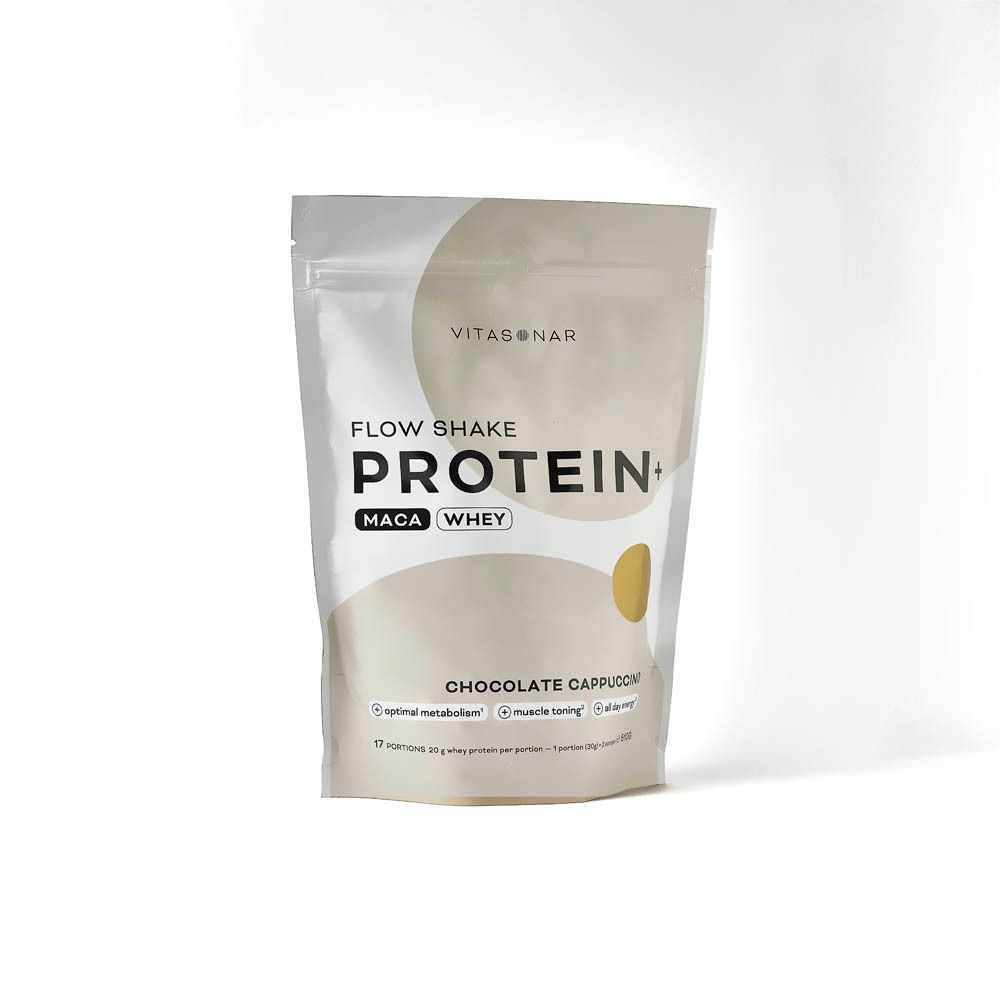 Sachet Vitasonar Flow Shake Protein+ Maca Whey, Chocolate Cappuccino. Cercle doré. Texte: métabolisme optimal, tonification musculaire, énergie.