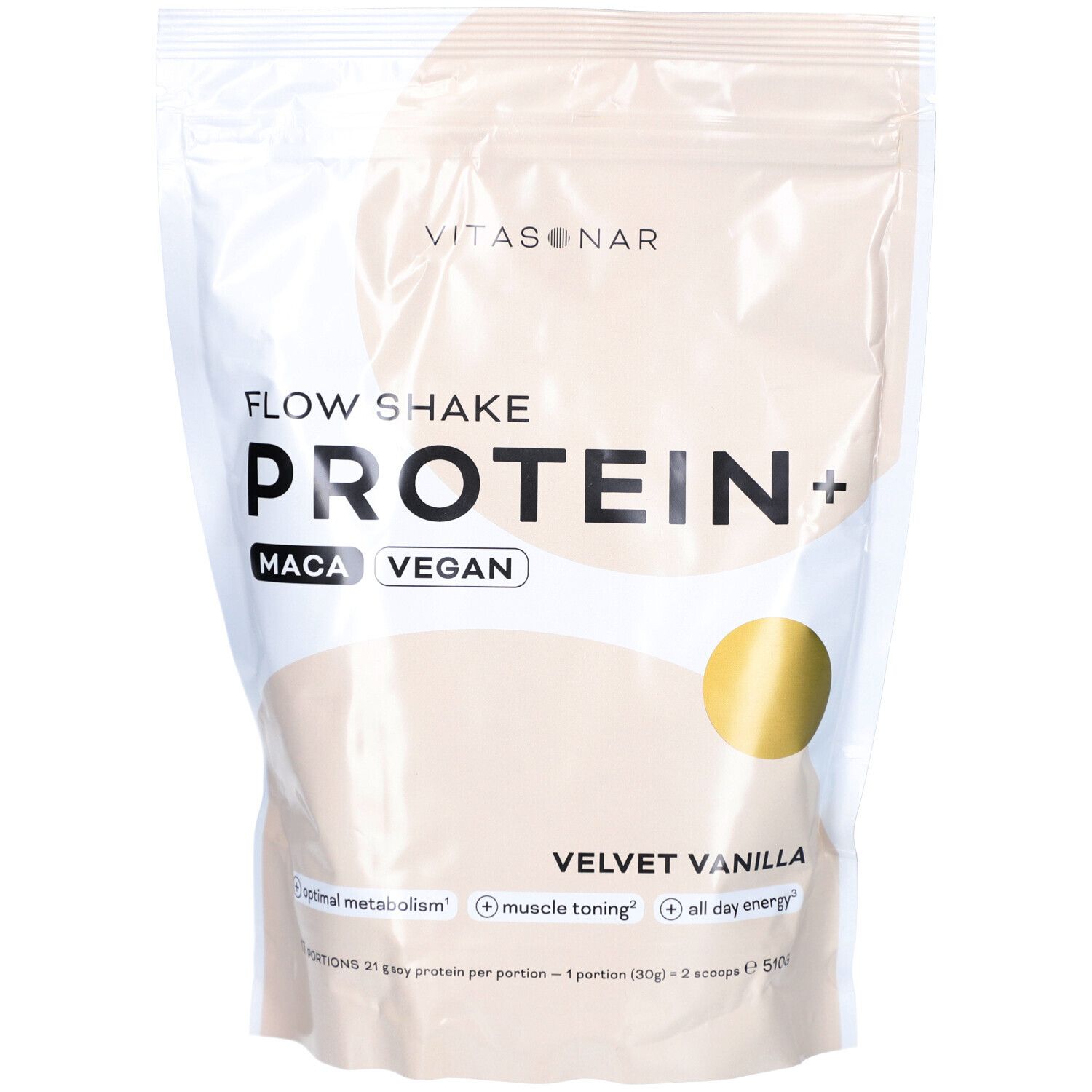 Beutel mit Vitasonar Flow Shake Protein+. Aufschrift: Maca Vegan, Velvet Vanilla. Goldener Kreis. Text: optimale Stoffwechsel, Muskeltonus, Energie.