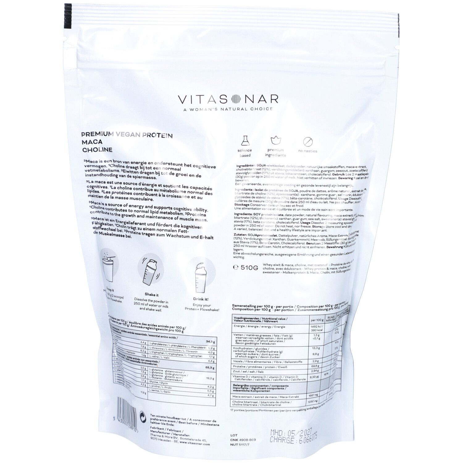 Rückseite der Vitasonar Flow Shake Protein+ Verpackung. Text: Premium Vegan Protein, Maca, Choline. Nährwertangaben und Inhaltsstoffe.