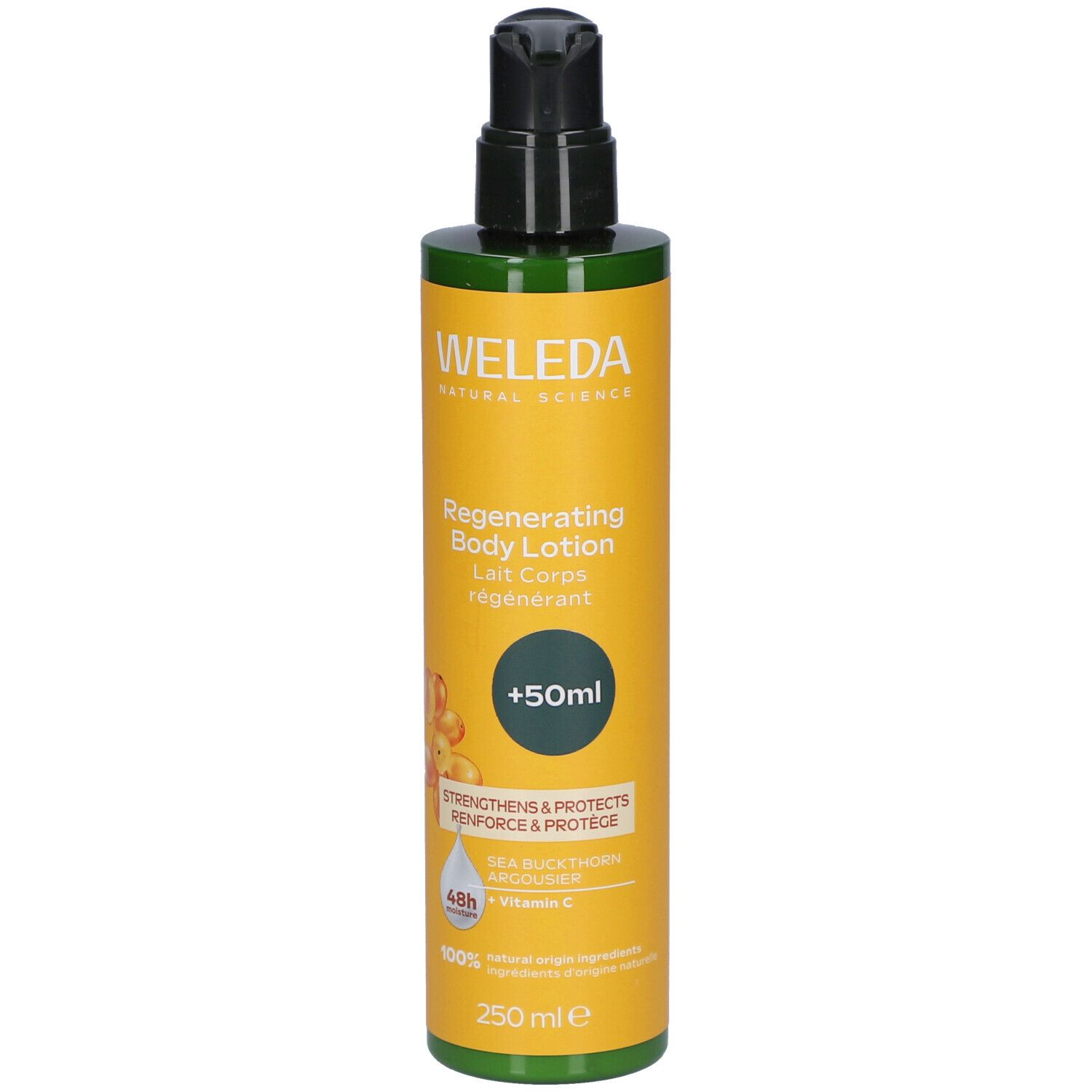 Weleda Regenerierende Körpermilch Sanddorn. Gelbe Flasche mit grünem Deckel. Text und Produktabbildung.