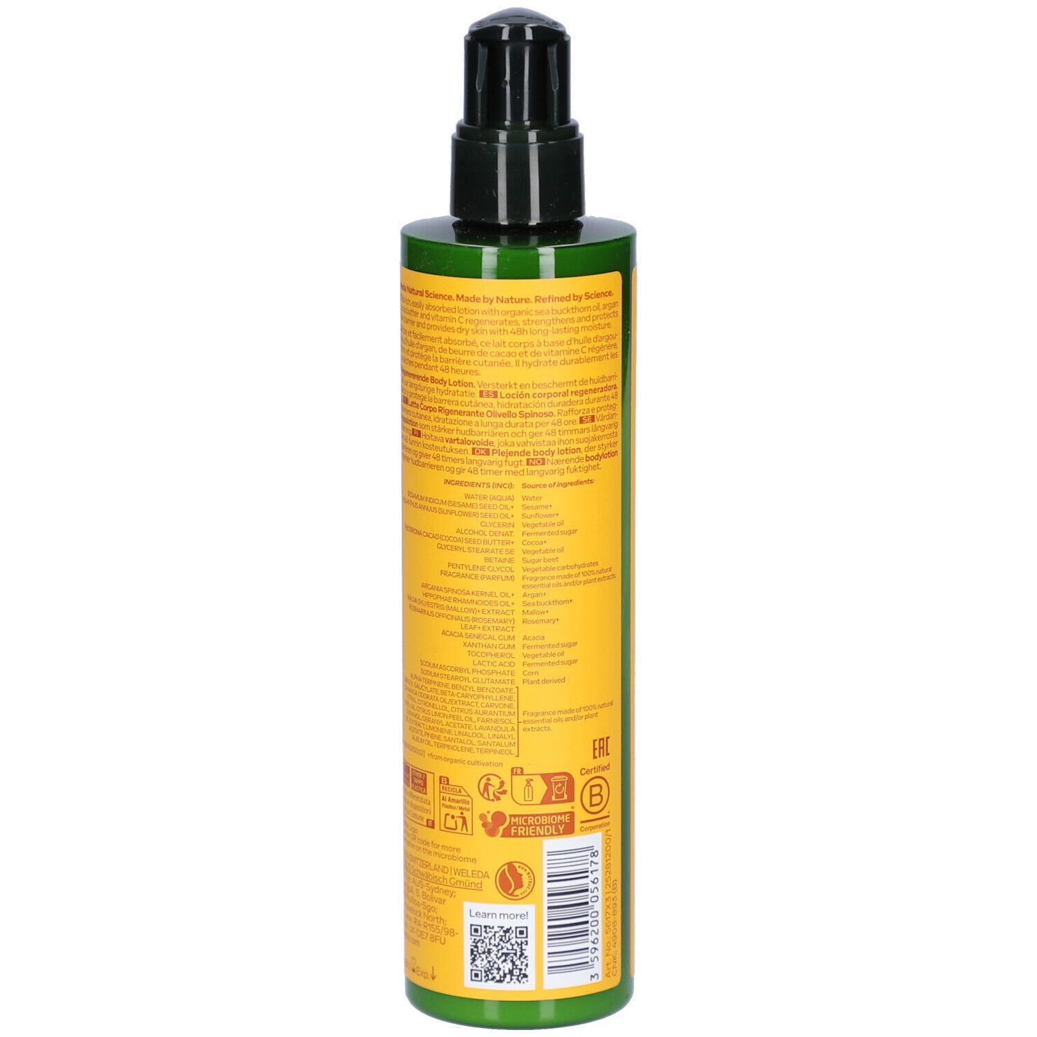 Weleda Regenerierende Körpermilch Sanddorn. Rückseite der Flasche. Text, Logos und Barcode.