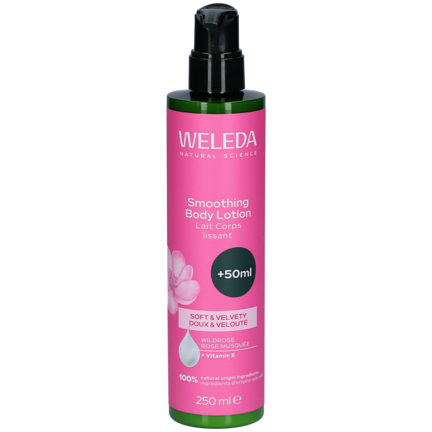 Weleda Smoothing Body Lotion Flasche. Rosa Etikett, grüner Deckel. Text: Weleda, Smoothing Body Lotion, +50ml.