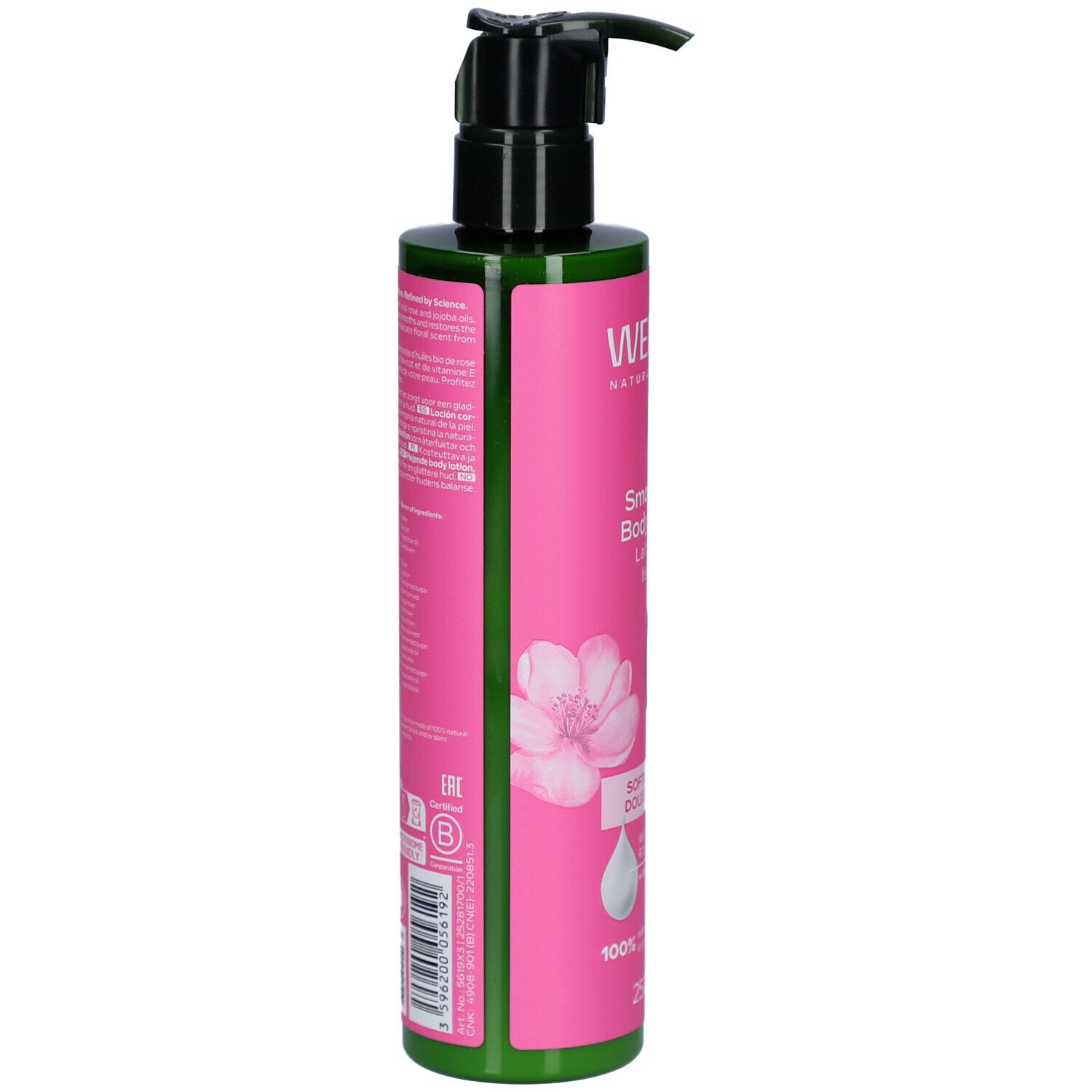Weleda Smoothing Body Lotion Flasche, Rückseite. Rosa Etikett, grüner Deckel. Text und Barcode.