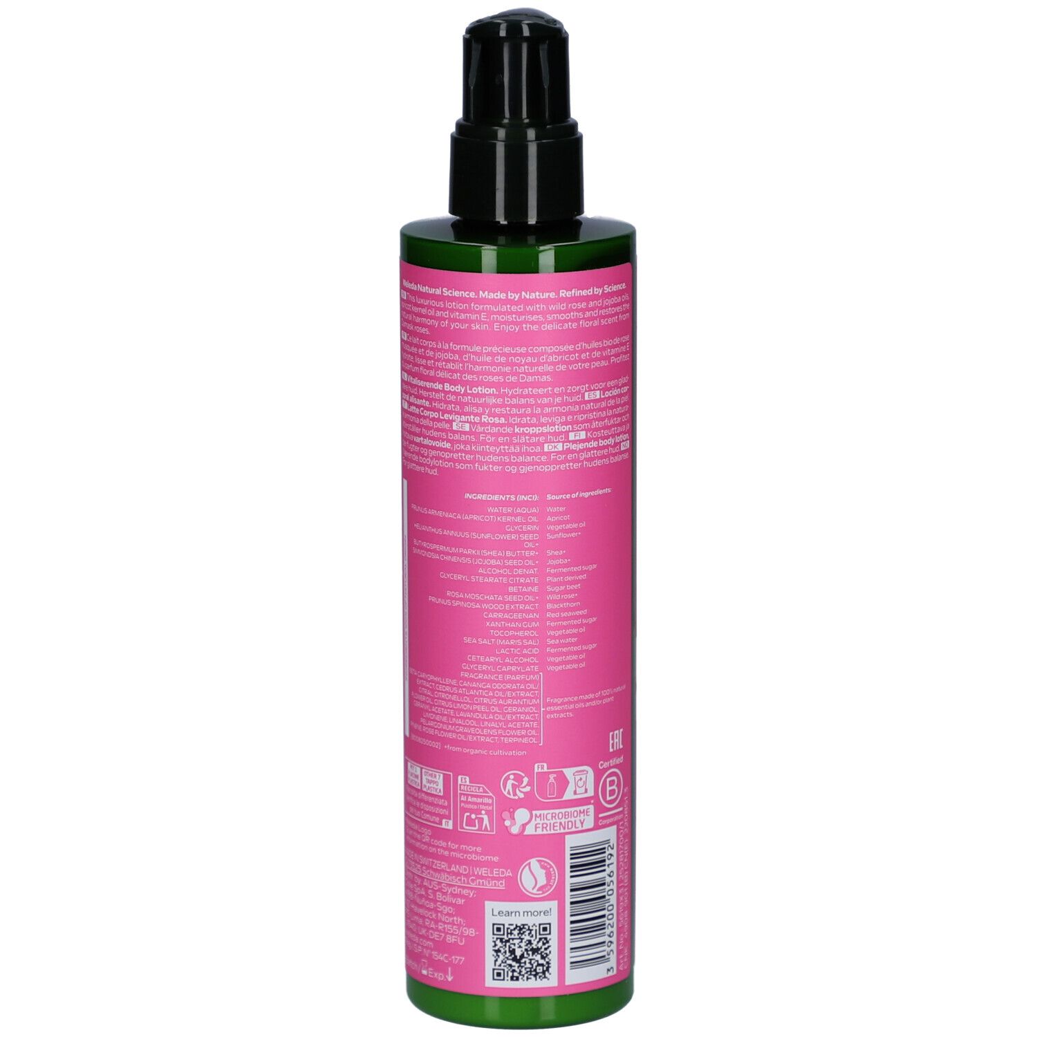 Weleda Smoothing Body Lotion Flasche, Rückseite. Rosa Etikett, grüner Deckel. Text und Barcode.