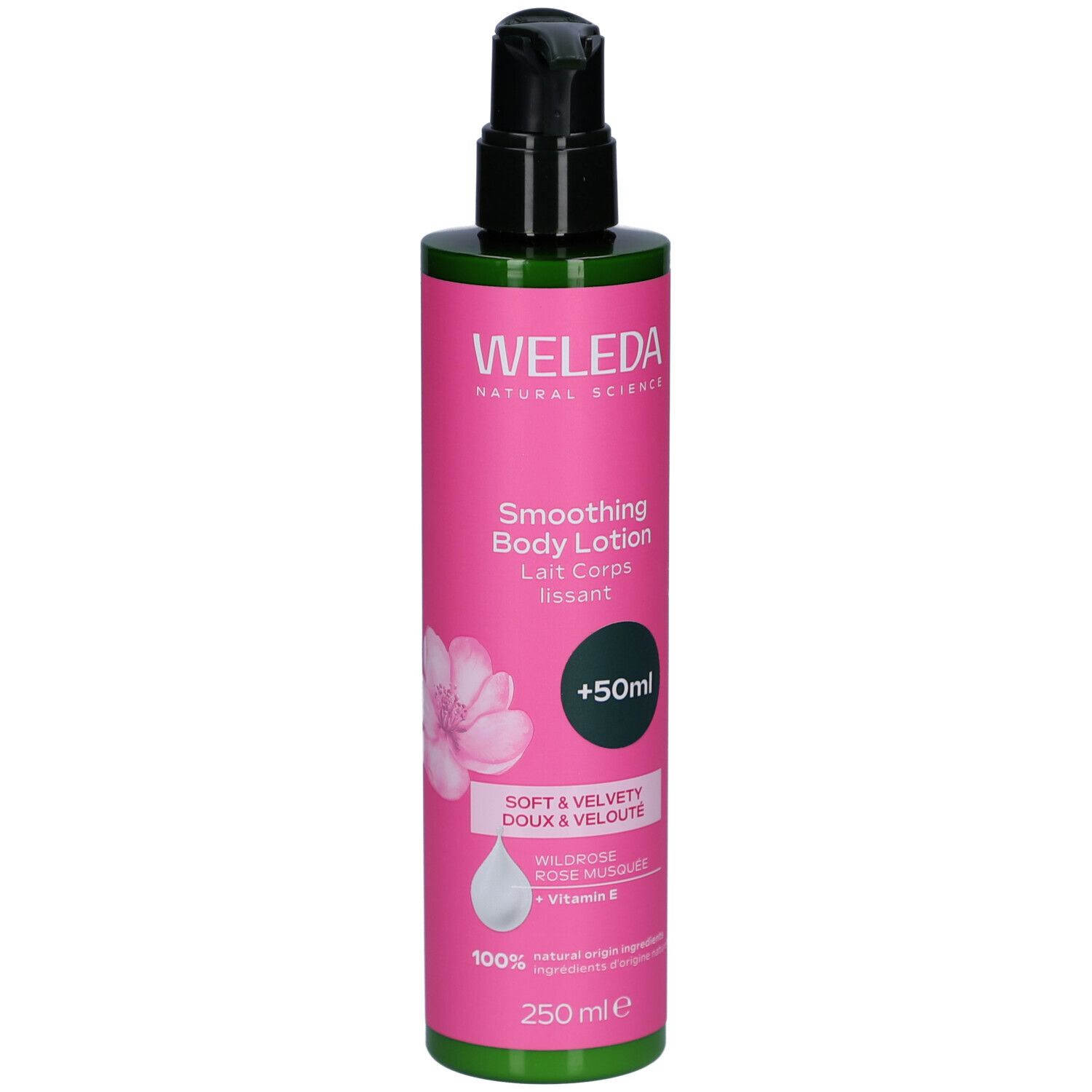 Weleda Smoothing Body Lotion Flasche. Rosa Etikett, grüner Deckel. Text: Weleda, Smoothing Body Lotion, +50ml.