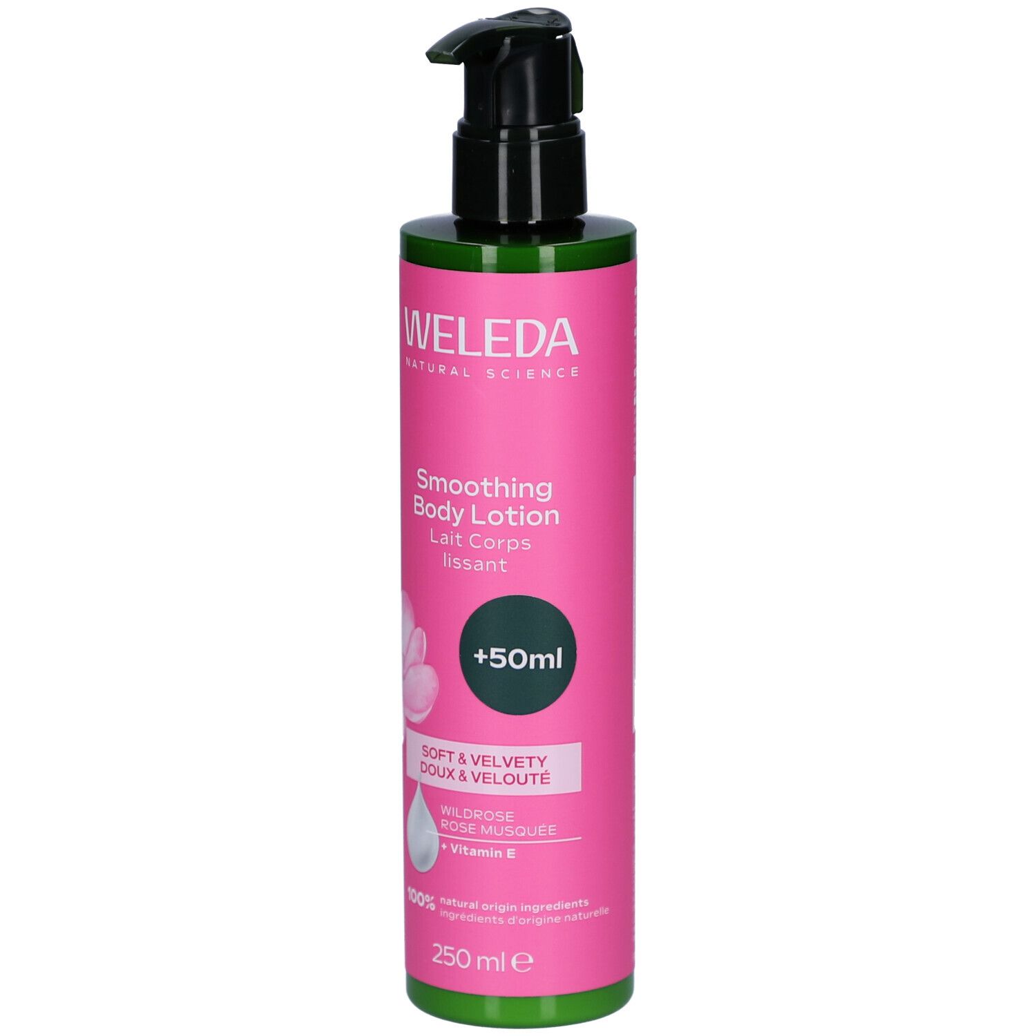 Weleda Smoothing Body Lotion Flasche. Rosa Etikett, grüner Deckel. Text: Weleda, Smoothing Body Lotion, +50ml.