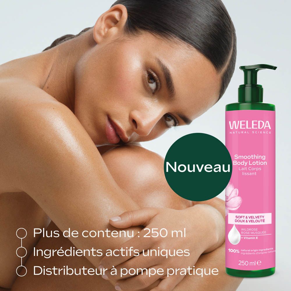 Femme s'embrassant. Flacon Weleda Smoothing Body Lotion. Texte: Nouveau, 250 ml.
