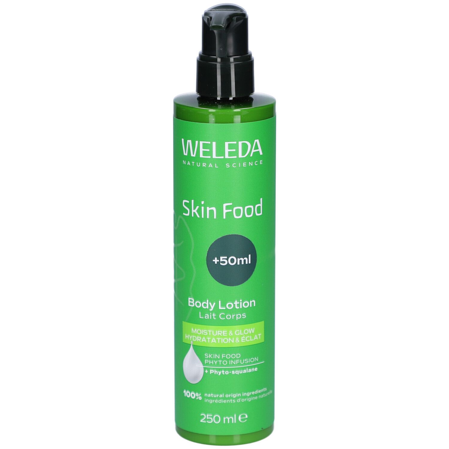 Grüne Flasche mit schwarzem Pumpkopf. Aufschrift: Weleda Skin Food Body Lotion. Enthält +50ml. 250 ml.