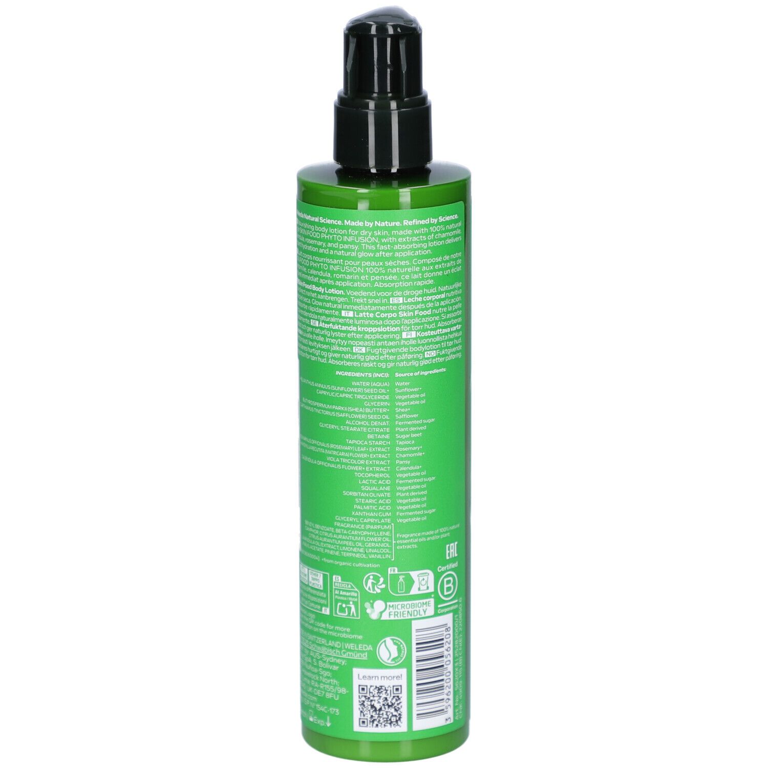 Rückseite einer grünen Flasche mit Text und Logos. Aufschrift: Weleda Natural Science.