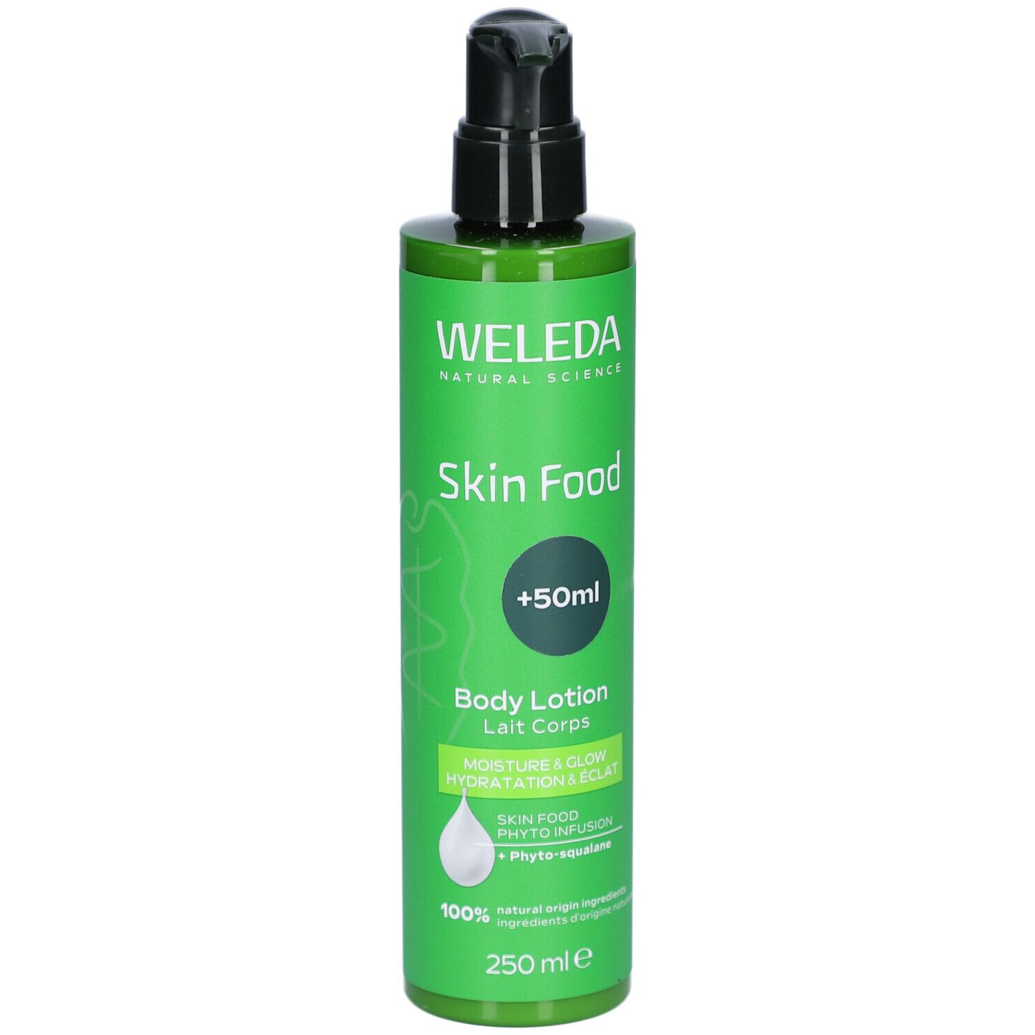 Grüne Flasche mit schwarzem Pumpkopf. Aufschrift: Weleda Skin Food Body Lotion. Enthält +50ml. 250 ml.