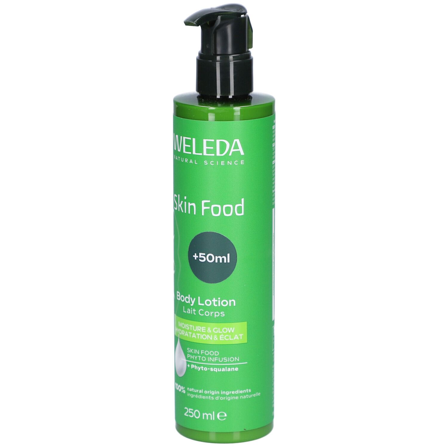 Grüne Flasche mit schwarzem Pumpkopf. Aufschrift: Weleda Skin Food Body Lotion. Enthält +50ml. 250 ml.