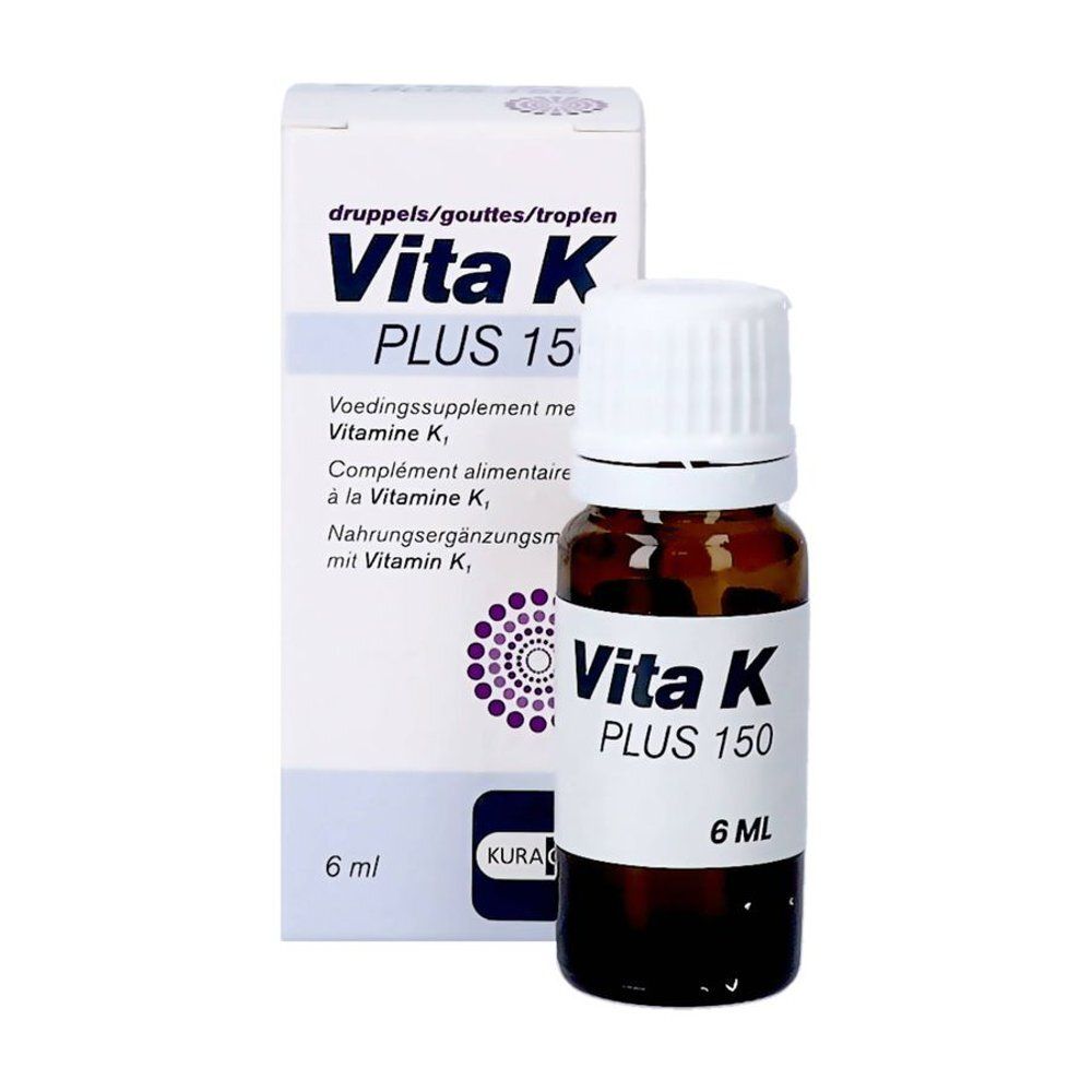 Flacon transparent Vita K Plus 150 avec bouchon blanc. 6 ml. Produit et emballage.