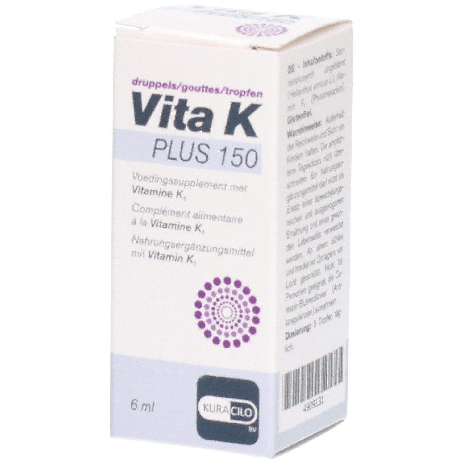 Weiße Schachtel mit Vita K Plus 150. Aufschrift in Deutsch, Niederländisch, Französisch. 6 ml.