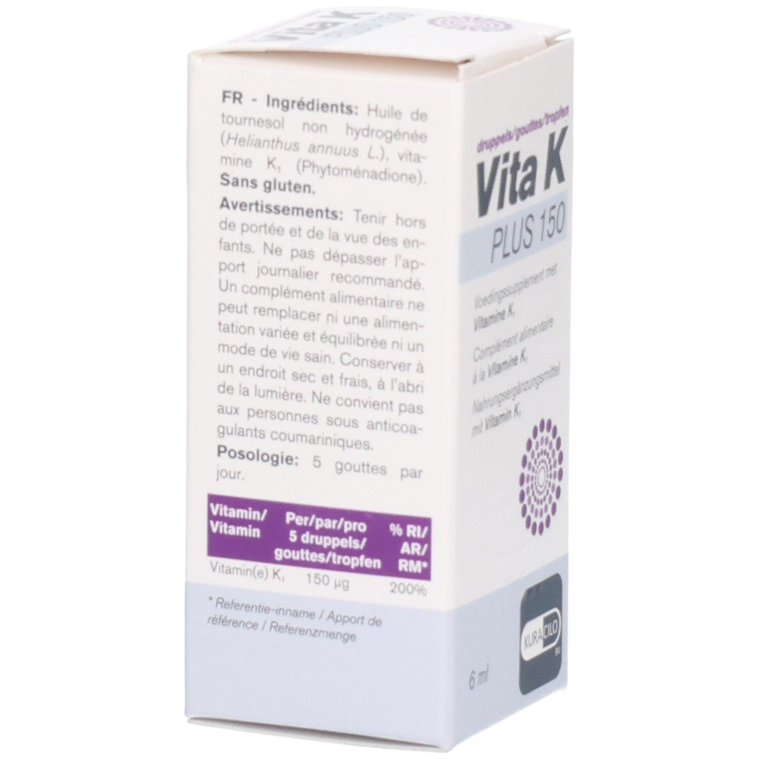 Rückseite der Schachtel mit Inhaltsstoffen und Warnhinweisen. Text in Deutsch, Niederländisch, Französisch.