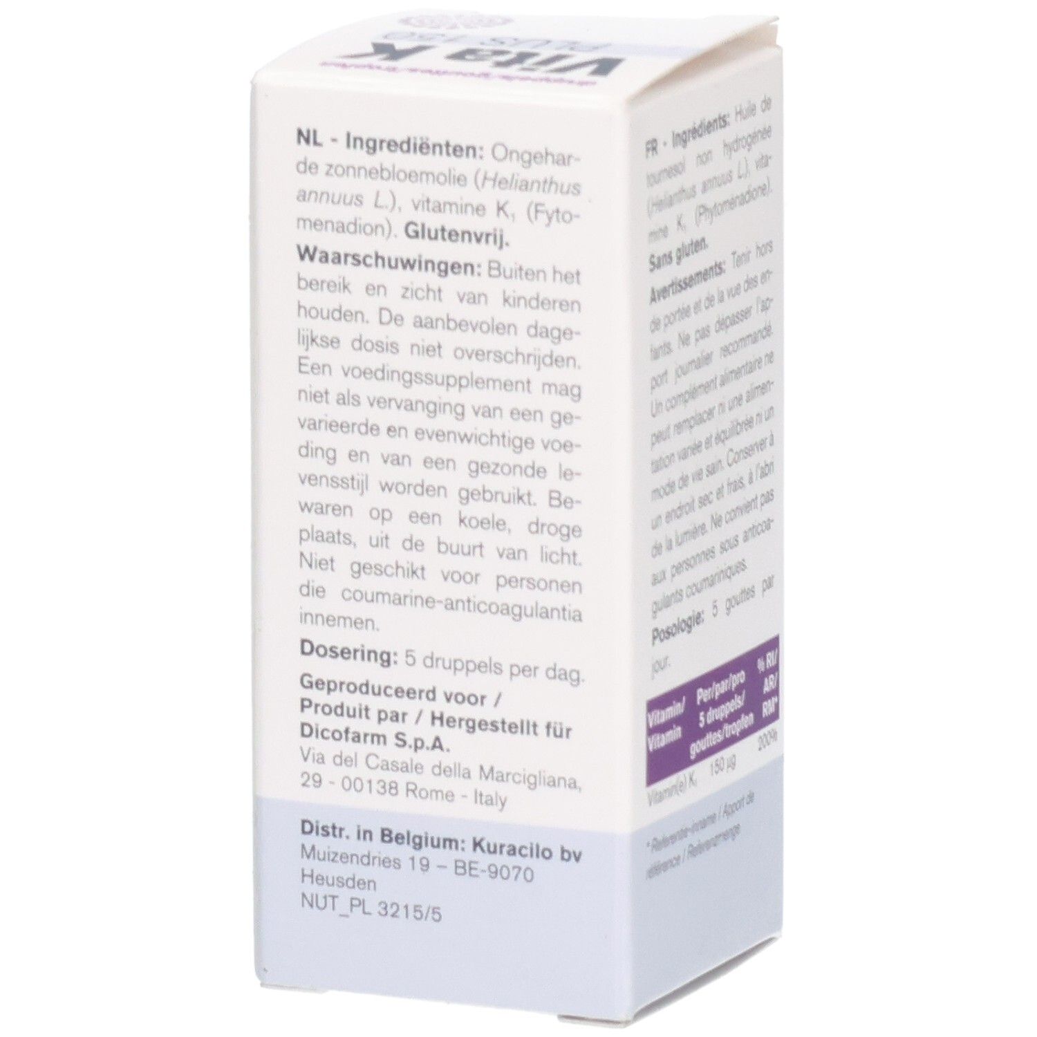 Rückseite der Schachtel mit Inhaltsstoffen und Warnhinweisen. Text in Deutsch, Niederländisch, Französisch.