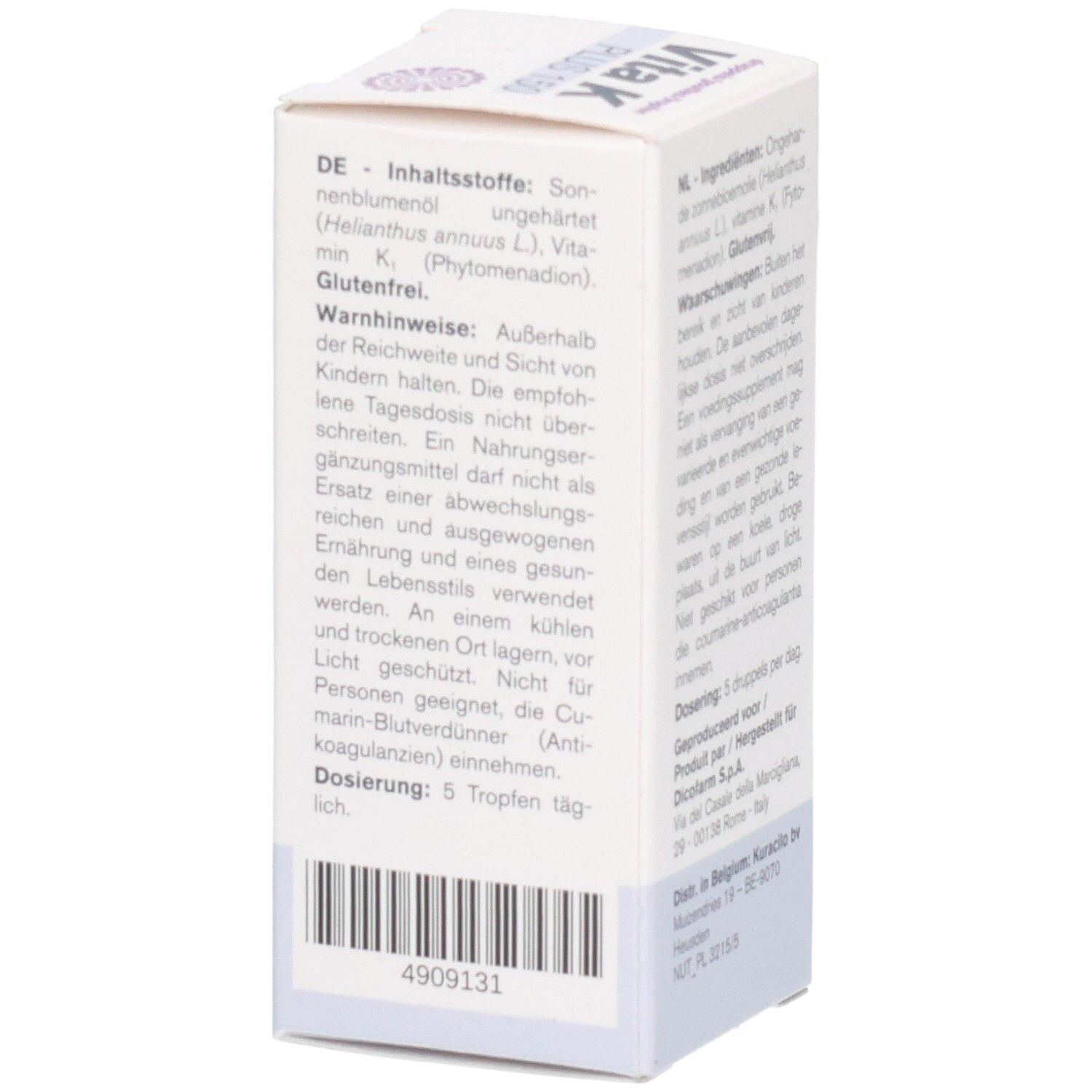 Rückseite der Schachtel mit Inhaltsstoffen und Warnhinweisen. Text in Deutsch, Niederländisch, Französisch.
