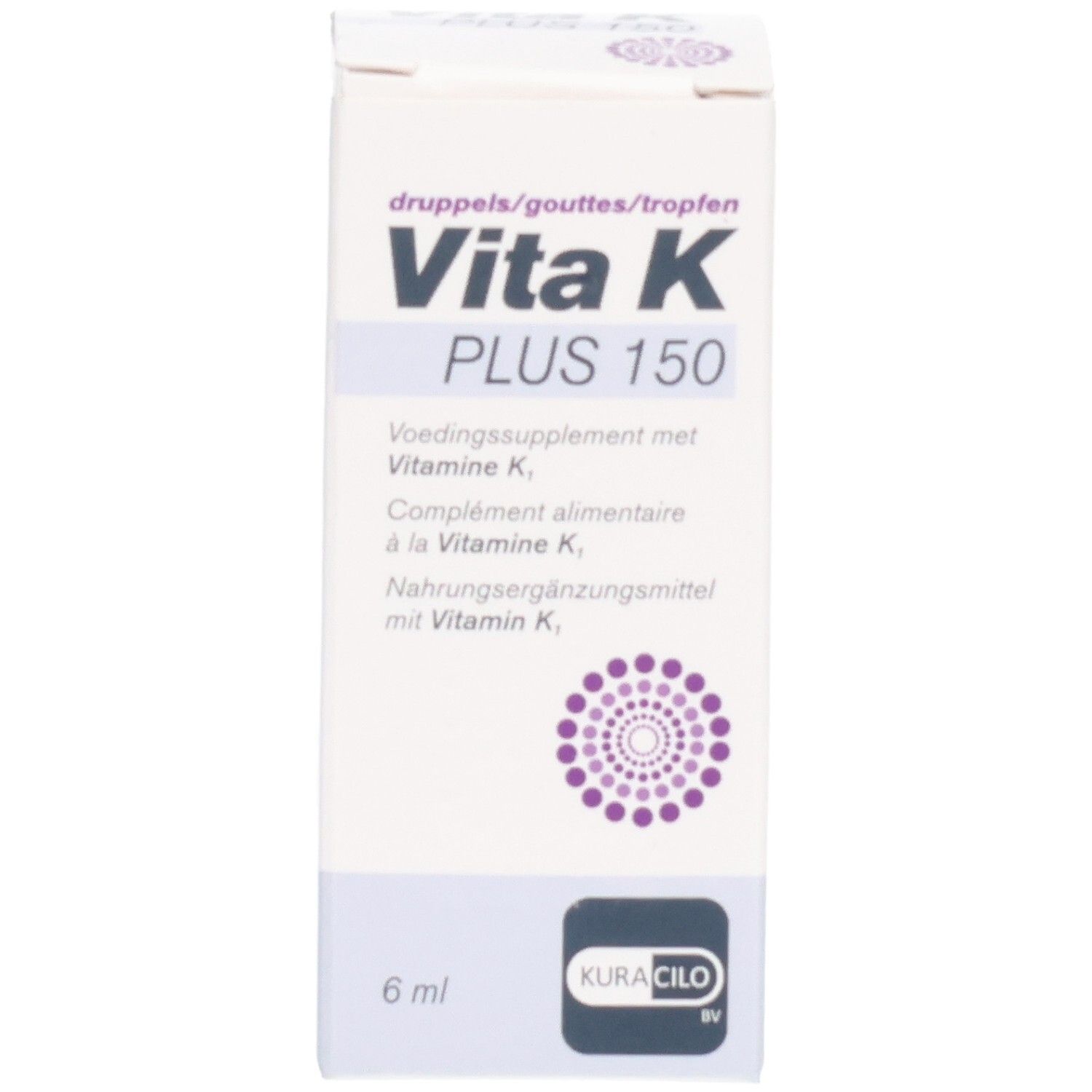 Weiße Schachtel mit Vita K Plus 150. Aufschrift in Deutsch, Niederländisch, Französisch. 6 ml.