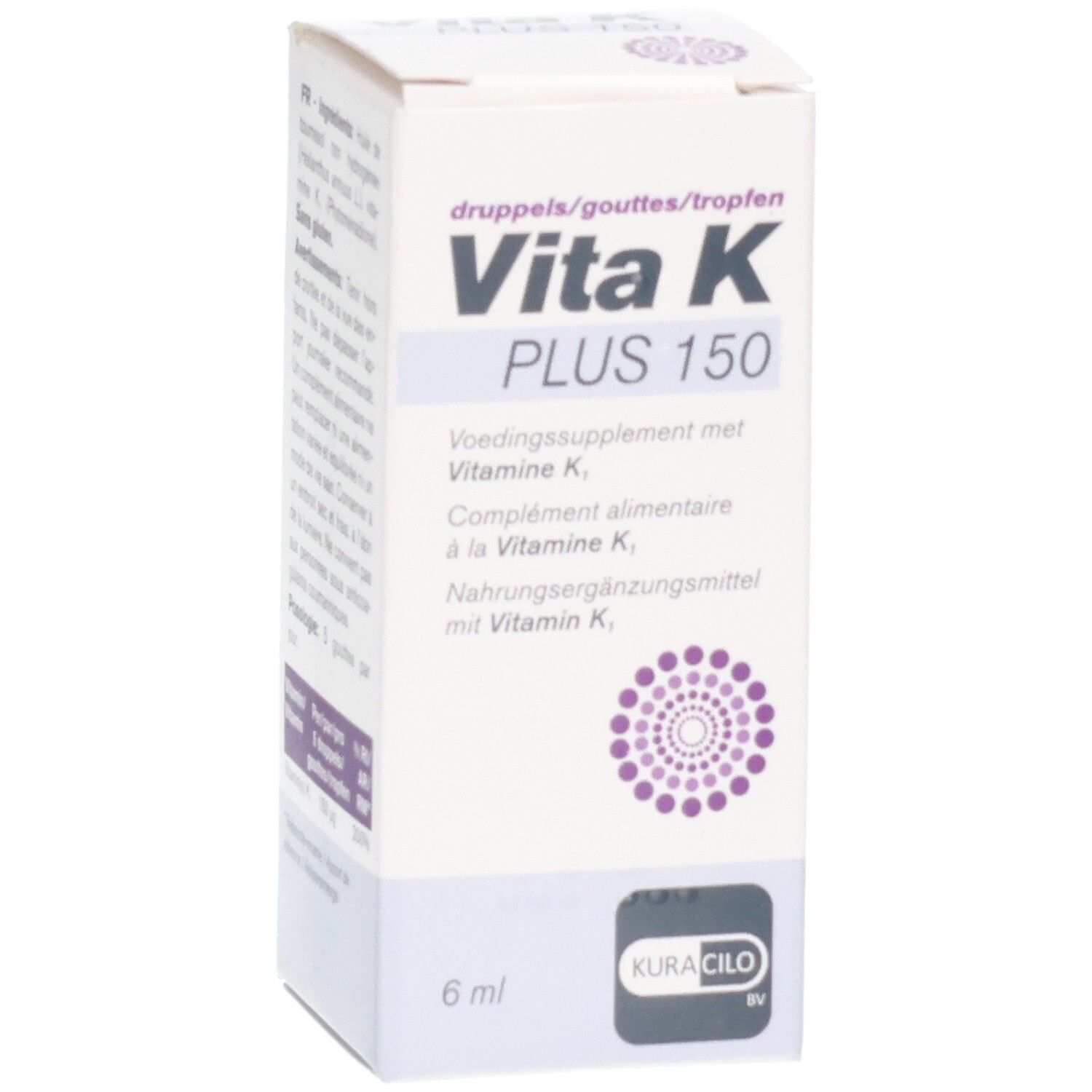 Weiße Schachtel mit Vita K Plus 150. Aufschrift in Deutsch, Niederländisch, Französisch. 6 ml.