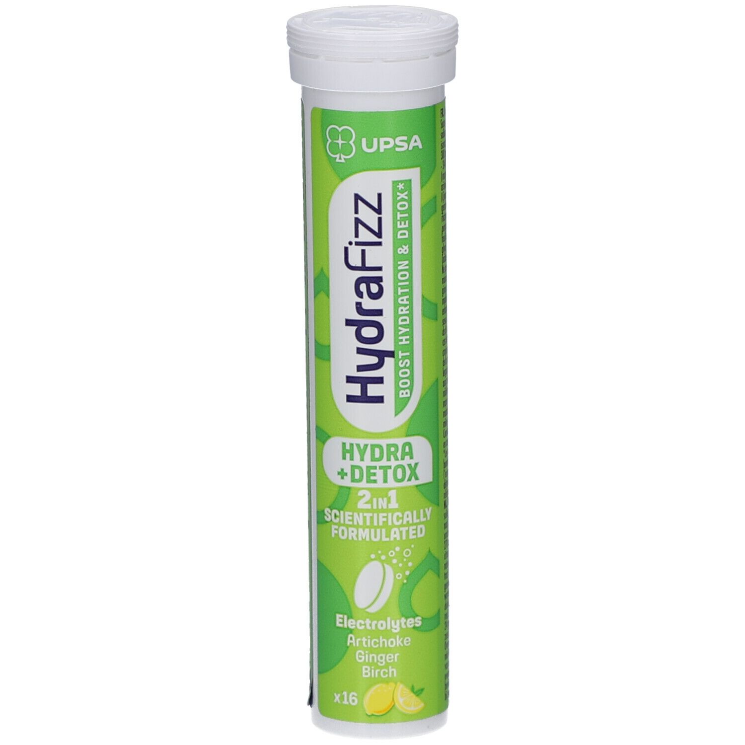 Zylindrische Tube mit Brausetabletten. Aufschrift: HydraFizz, Hydra + Detox, 2in1. Enthält Elektrolyte, Artischocke, Ingwer, Birke.