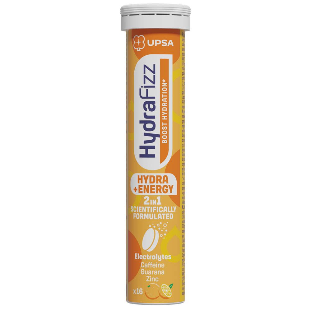 Tube de comprimés effervescents. Inscriptions: HydraFizz, Hydra+Energy, 2en1, Électrolytes, Caféine, Guarana, Zinc. Contient 16 comprimés.