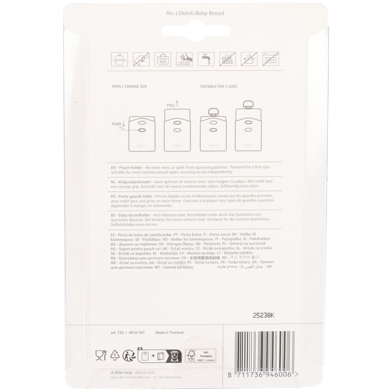 Rückseite der Verpackung. Illustrationen zur Verwendung des Beutelhalters. Text in mehreren Sprachen.