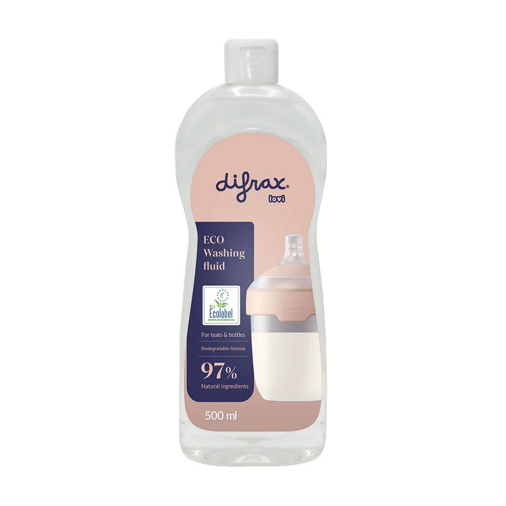Liquide vaisselle Difrax Lovi Eco pour tétines et biberons, 500 ml. Formule biodégradable à 97% d'ingrédients naturels.