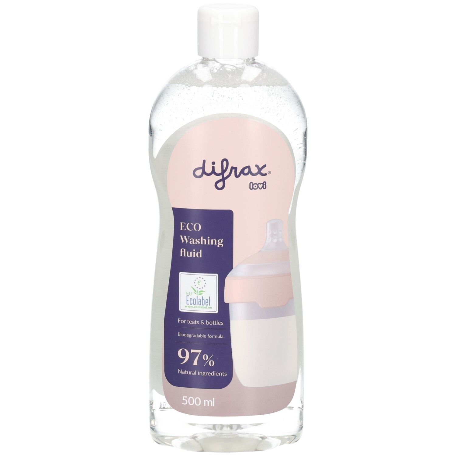 Difrax Lovi Eco Spülmittel für Flaschen und Schnuller, 500 ml. Biologisch abbaubare Formel mit 97% natürlichen Inhaltsstoffen.
