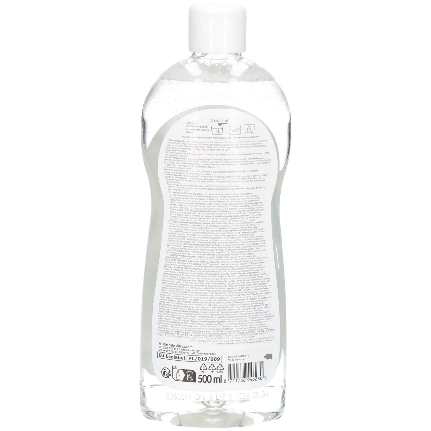 Rückseite der Flasche Difrax Lovi Eco Spülmittel mit Anwendungshinweisen und Inhaltsstoffen. 500 ml.