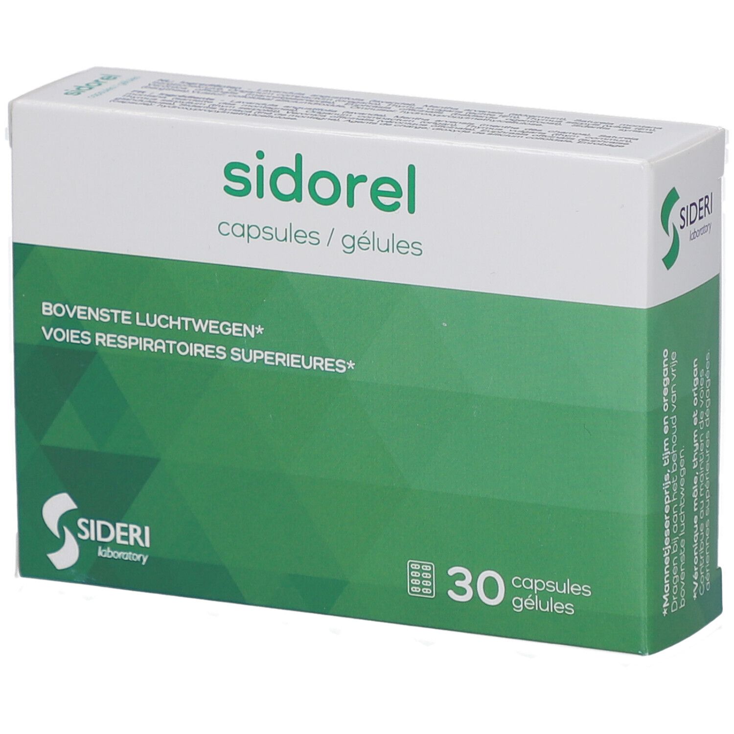 Schachtel mit Sidorel-Kapseln. Grün-weißes Design. 30 Kapseln. Sideri Laboratory Logo.