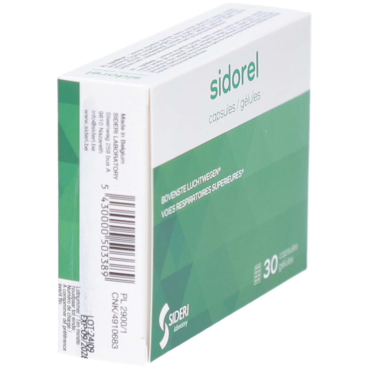 Seitenansicht der Sidorel-Kapsel-Schachtel. Grün-weißes Design. Sideri Laboratory Logo.